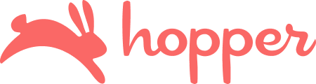A red logo with a rabbit and the word hopper on a white background.