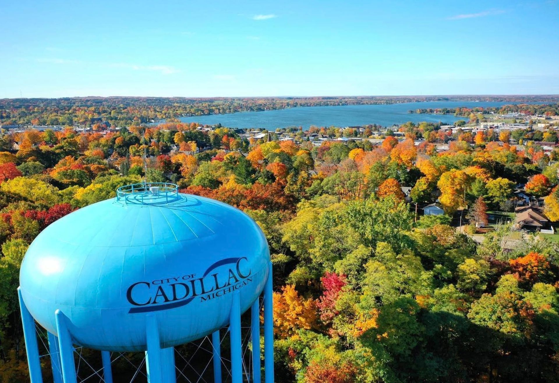 An aerial view of a water tower in cadillac michigan
