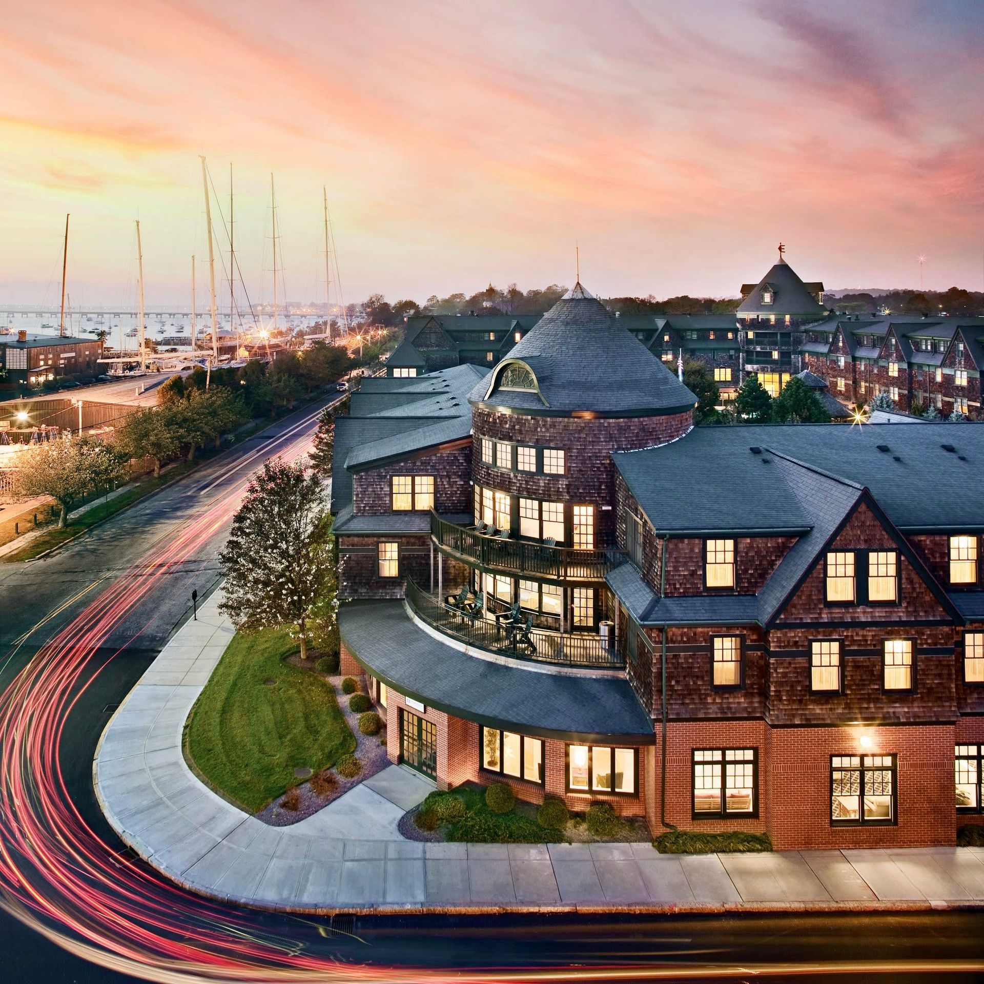 An aerial view of a large brick building at night