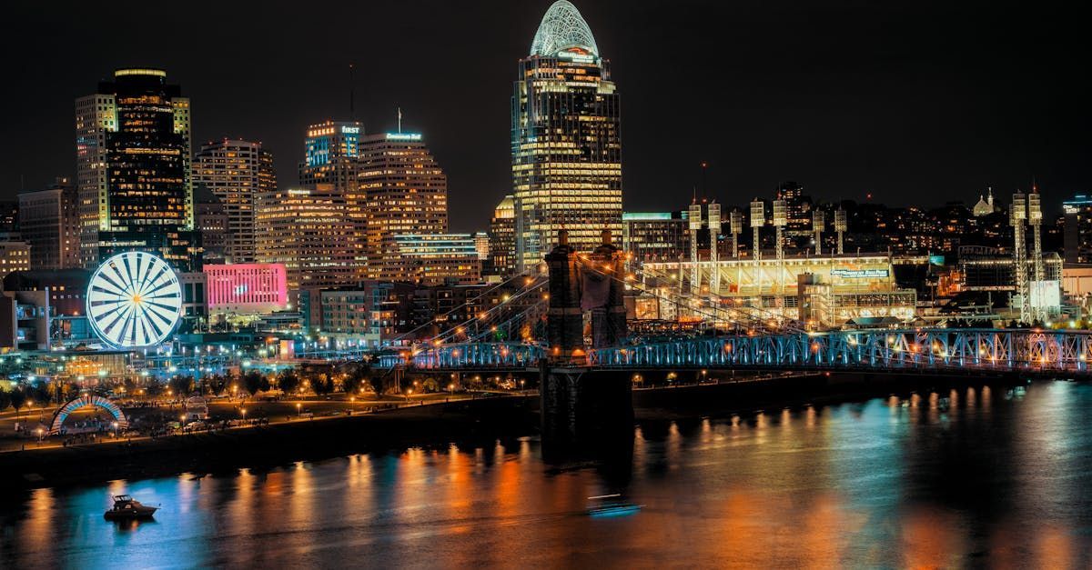 A city skyline at night with a ferris wheel in the foreground.