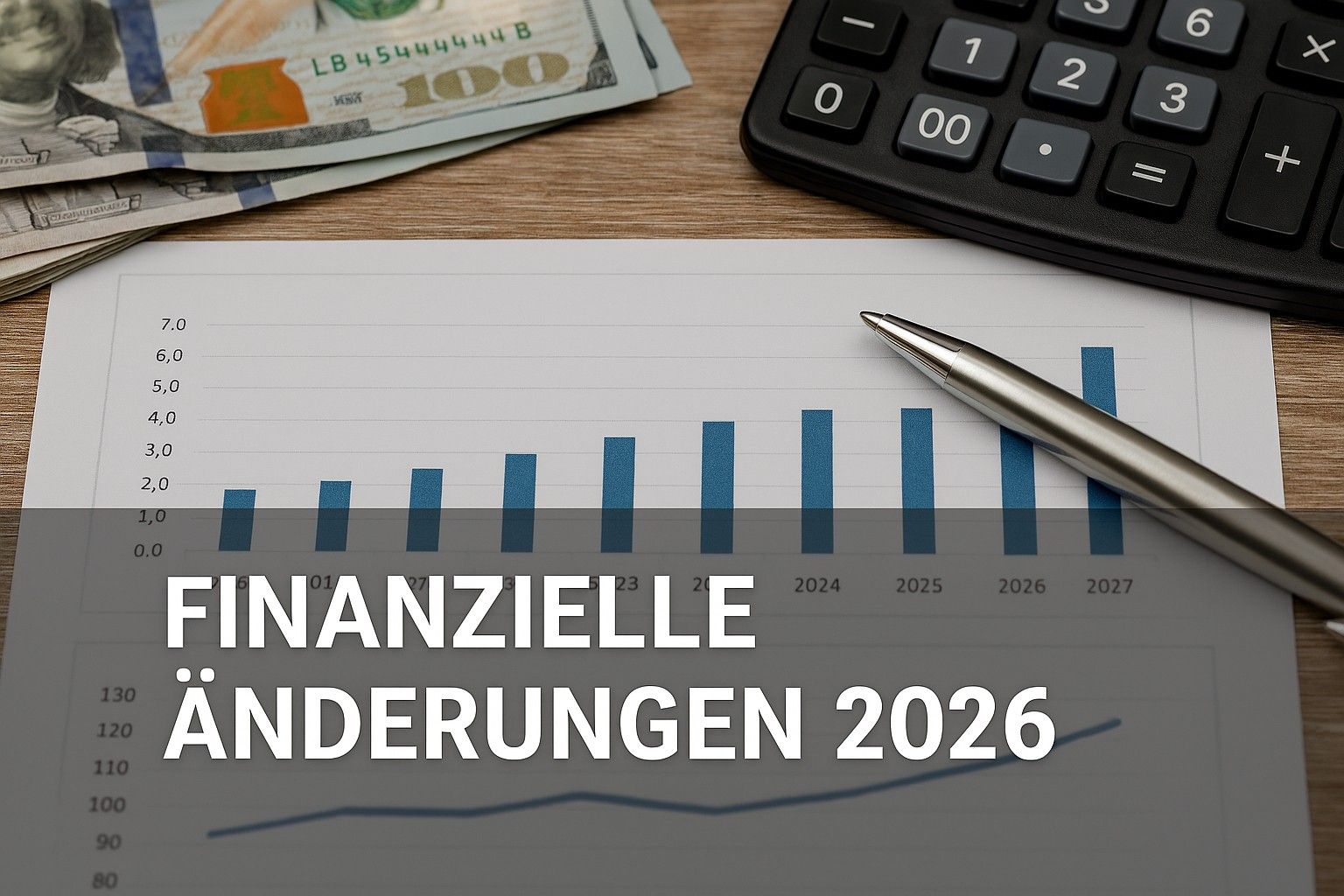 A bar graph and line chart with money and a calculator on a wooden desk, labeled