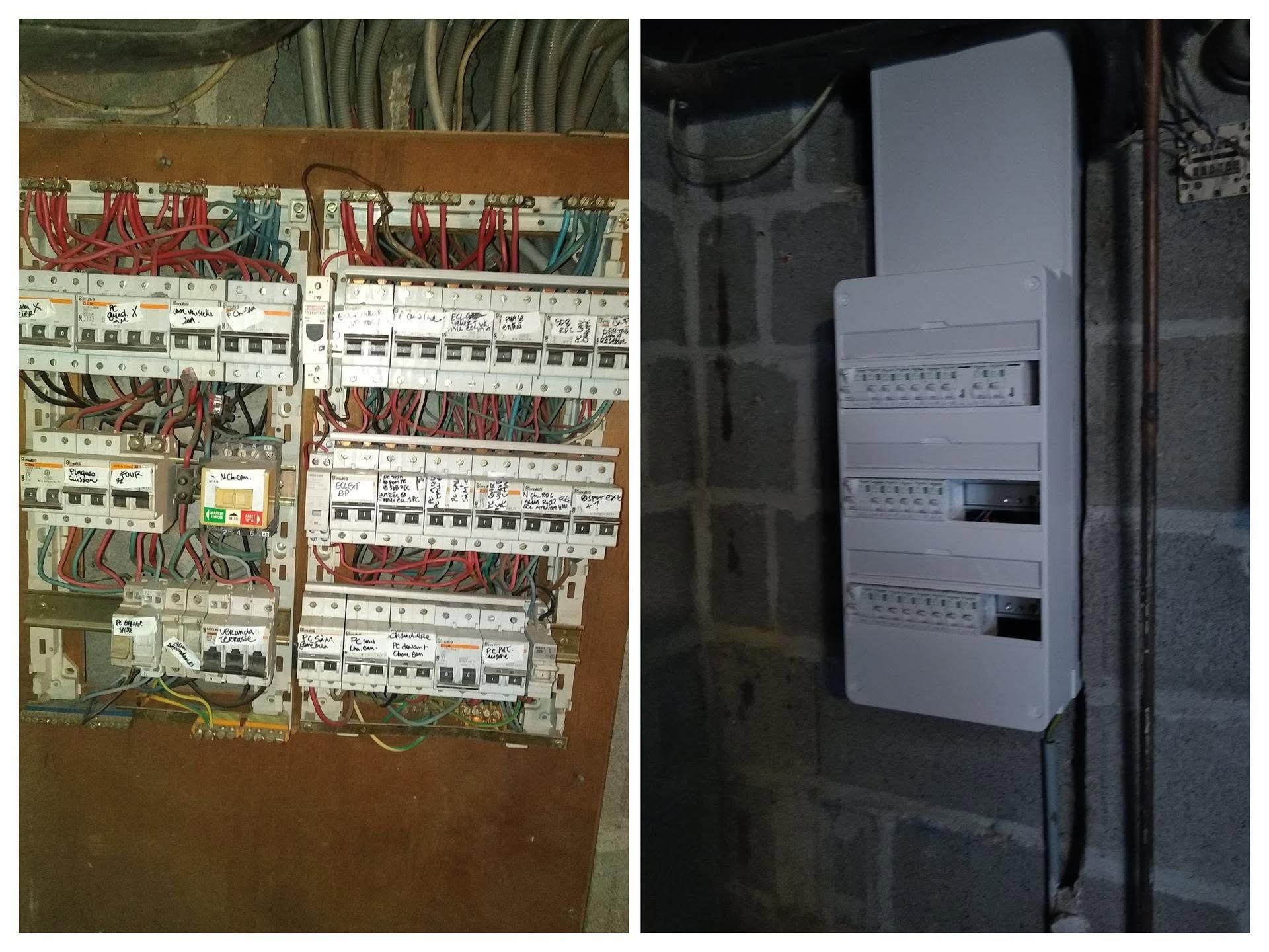 Deux tableaux électriques montés au mur, l’un ouvert, avec de nombreux interrupteurs et fils visibles, l’autre recouvert d’un cache blanc