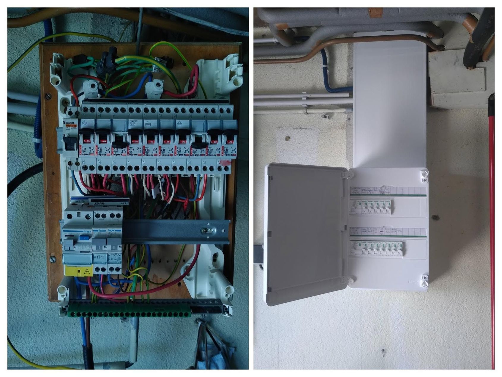 Tableaux électriques ouverts avec câblage et disjoncteurs, l’un à découvert et l’autre dans une armoire grise fixée au mur.