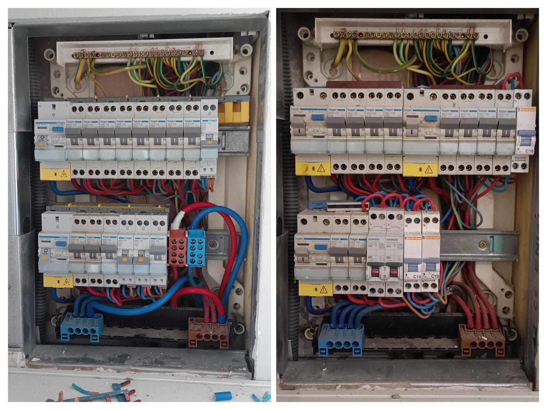 Deux armoires électriques ouvertes, avec des rangées de disjoncteurs et un enchevêtrement de fils.