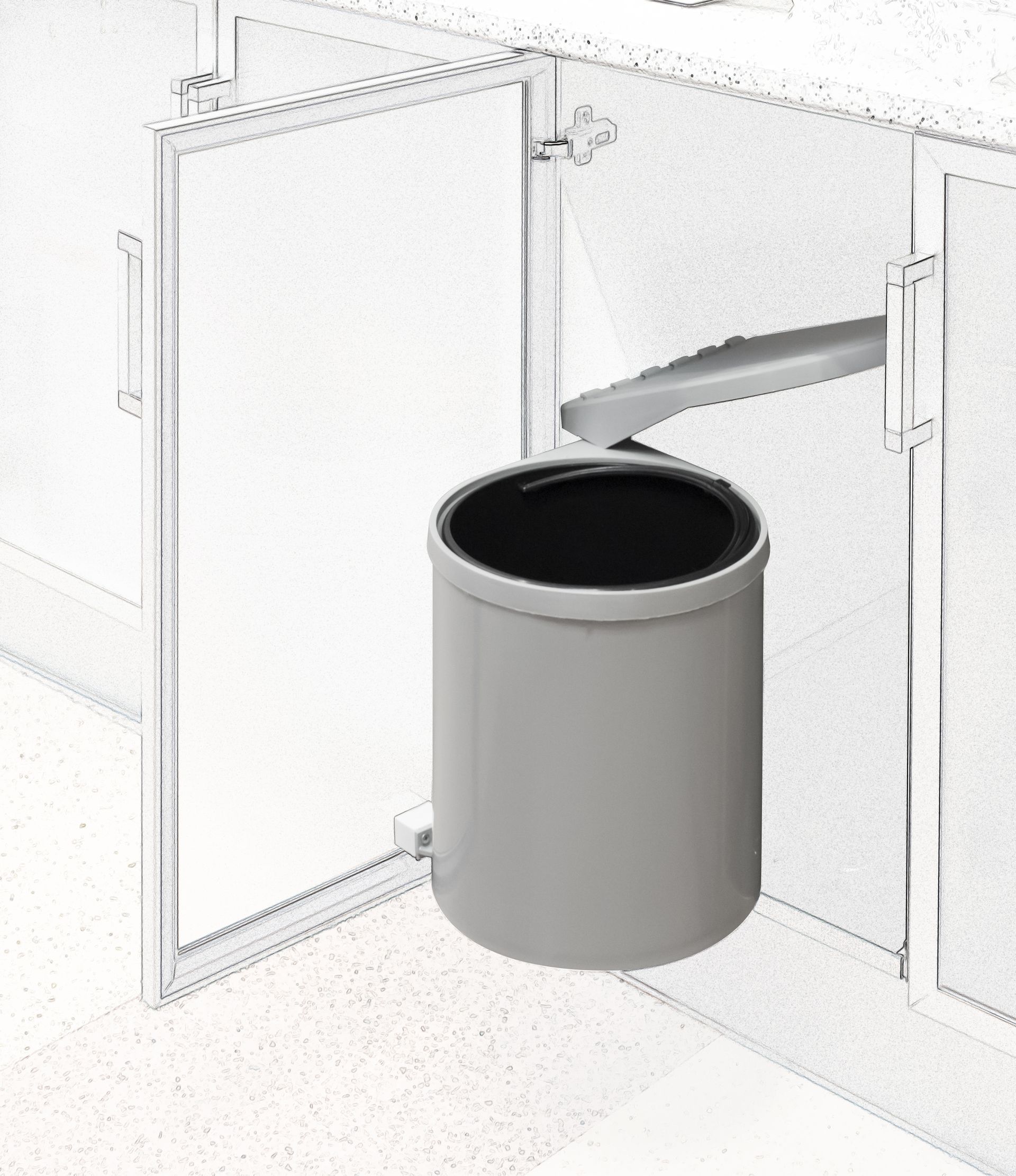 Un dibujo de un bote de basura debajo de un armario en una cocina.