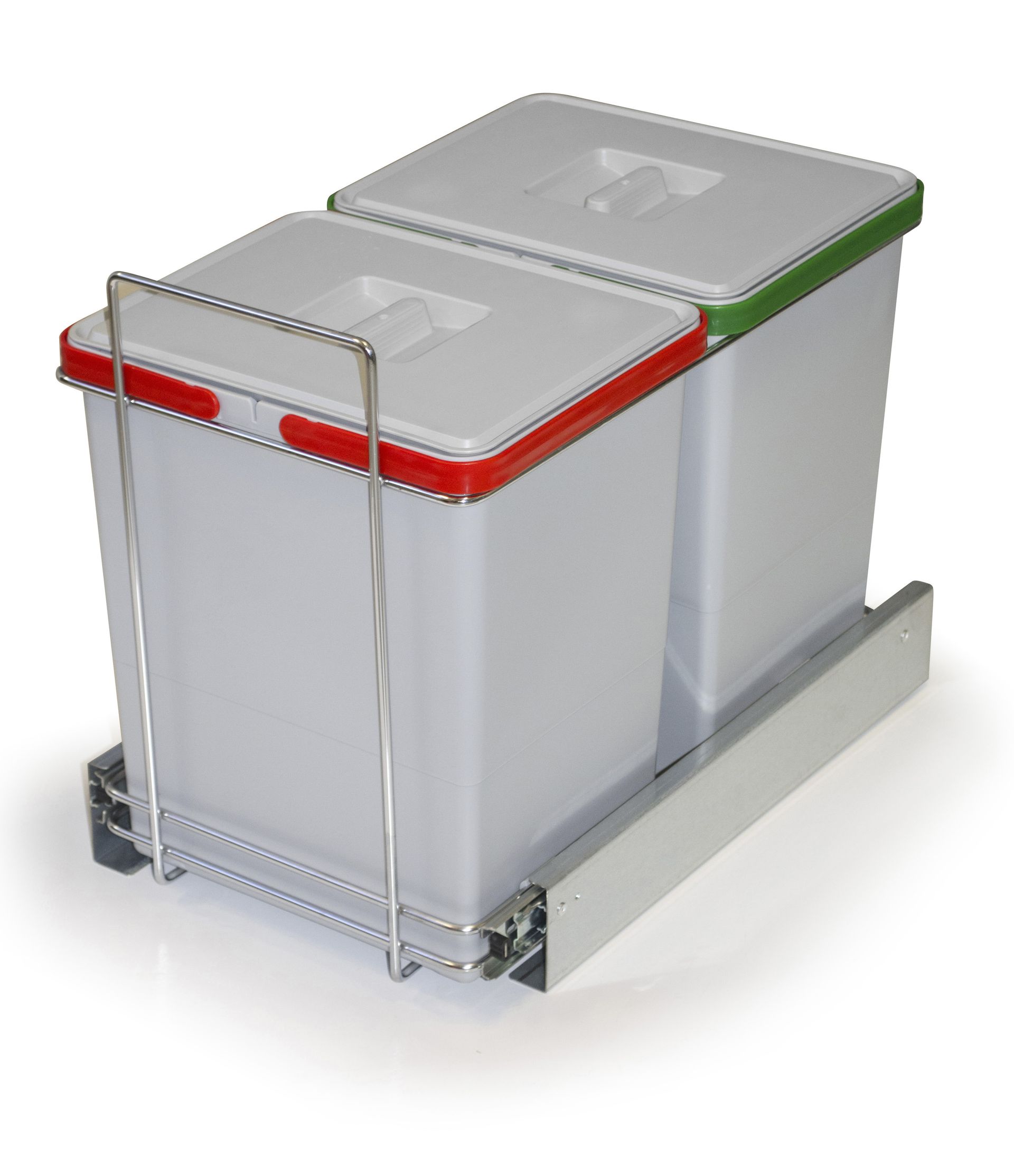 Dos botes de basura con tapas rojas y verdes sobre un fondo blanco.
