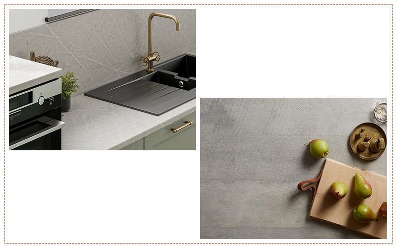 Una cocina con fregadero, horno y tabla de cortar.