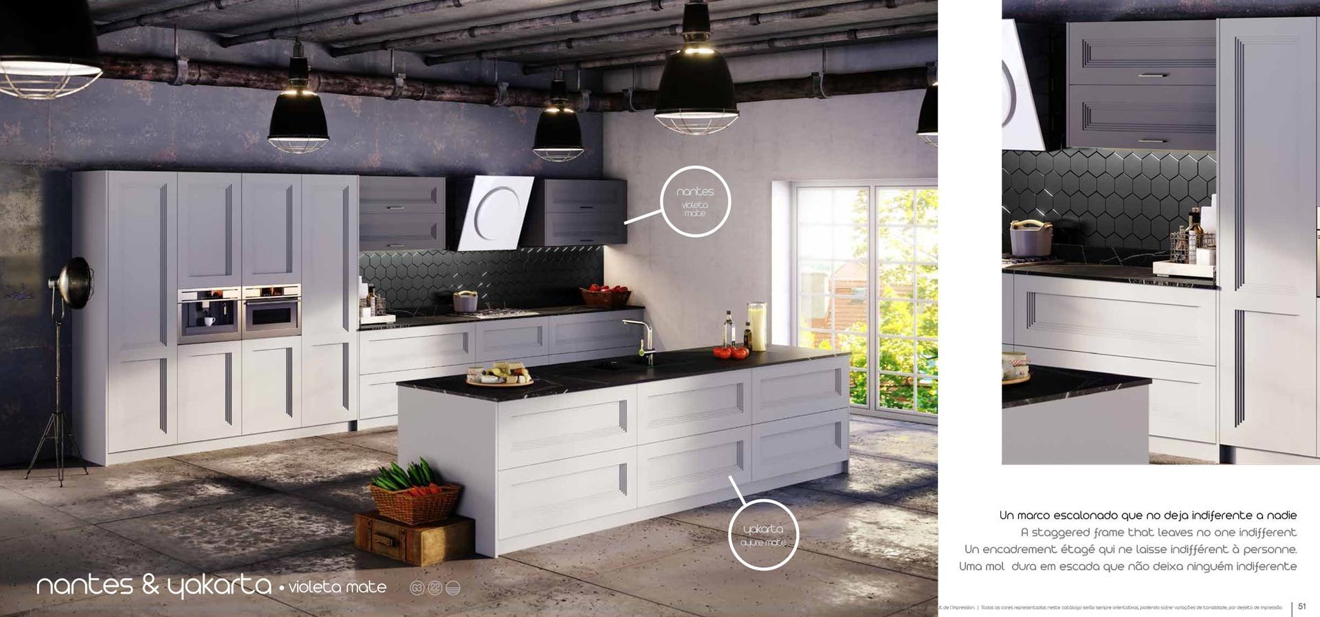 Una cocina con gabinetes blancos y encimeras negras.