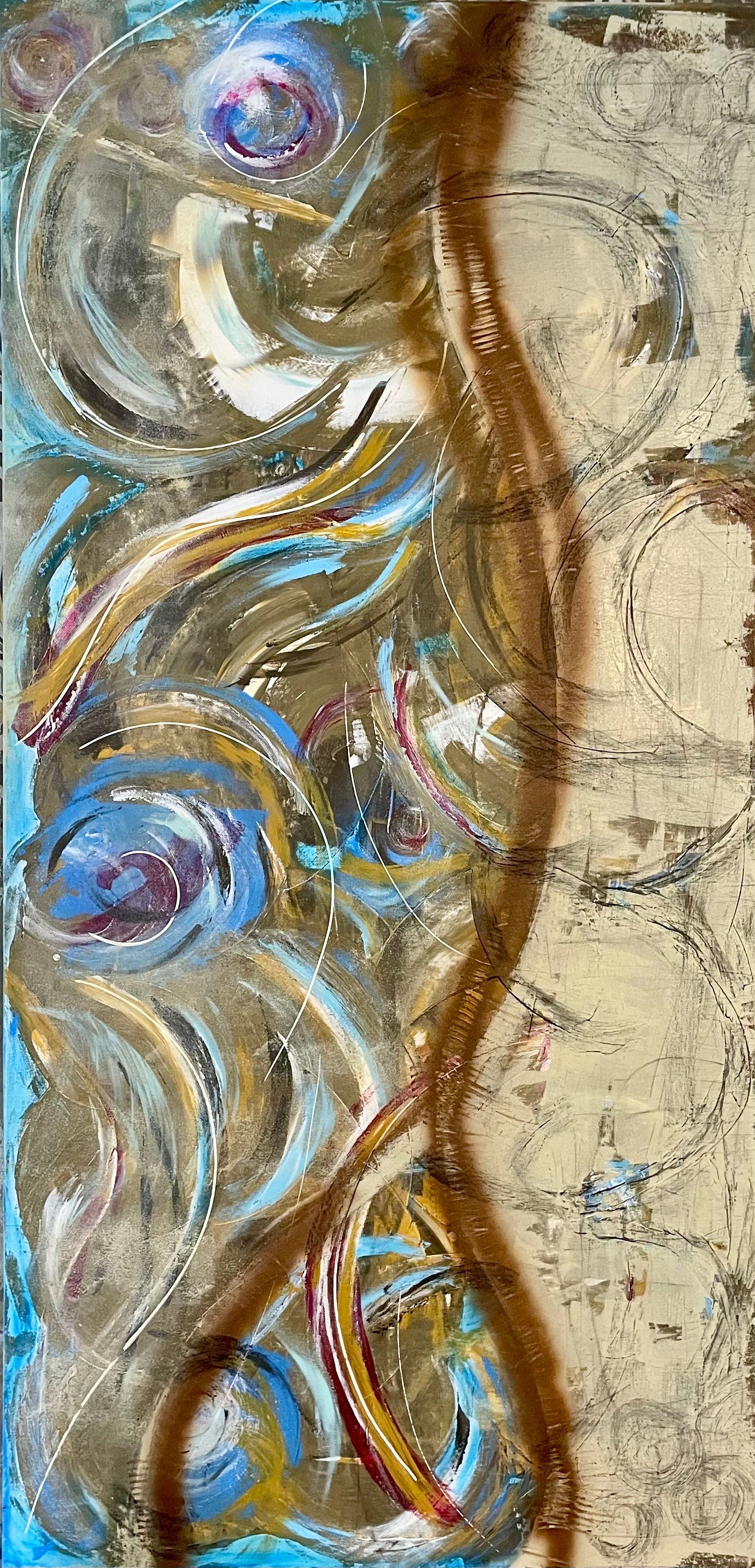 Eine Nahaufnahme eines Gemäldes auf einer Leinwand an einer Wand.