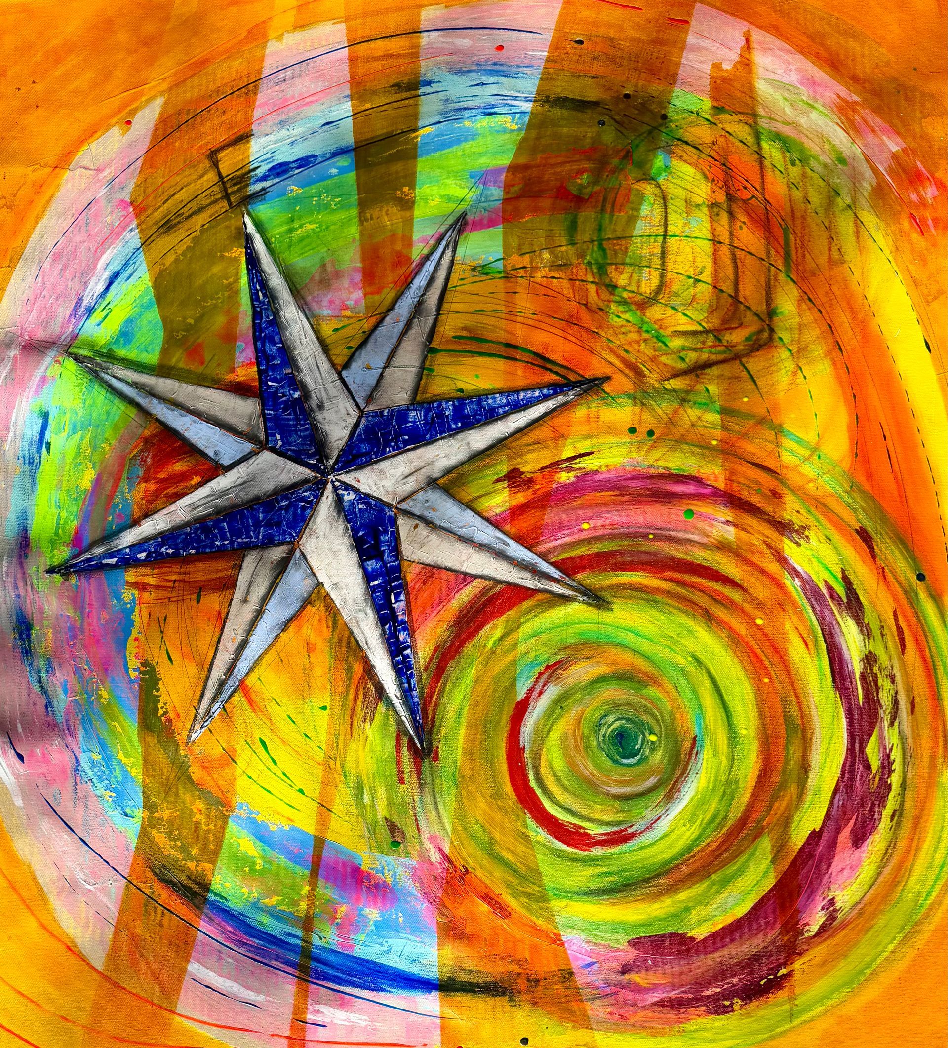 Ein weiß-blauer Stern überlagert einen lebendigen, abstrakten Hintergrund aus wirbelnden gelben, orangen, grünen und rosafarbenen Pinselstrichen.
