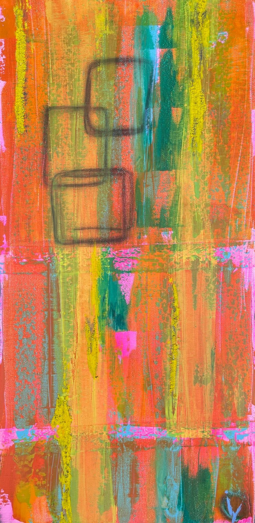 Abstraktes Gemälde mit sich überlappenden Quadraten; orange, rosa, grüne und gelbe Pinselstriche.