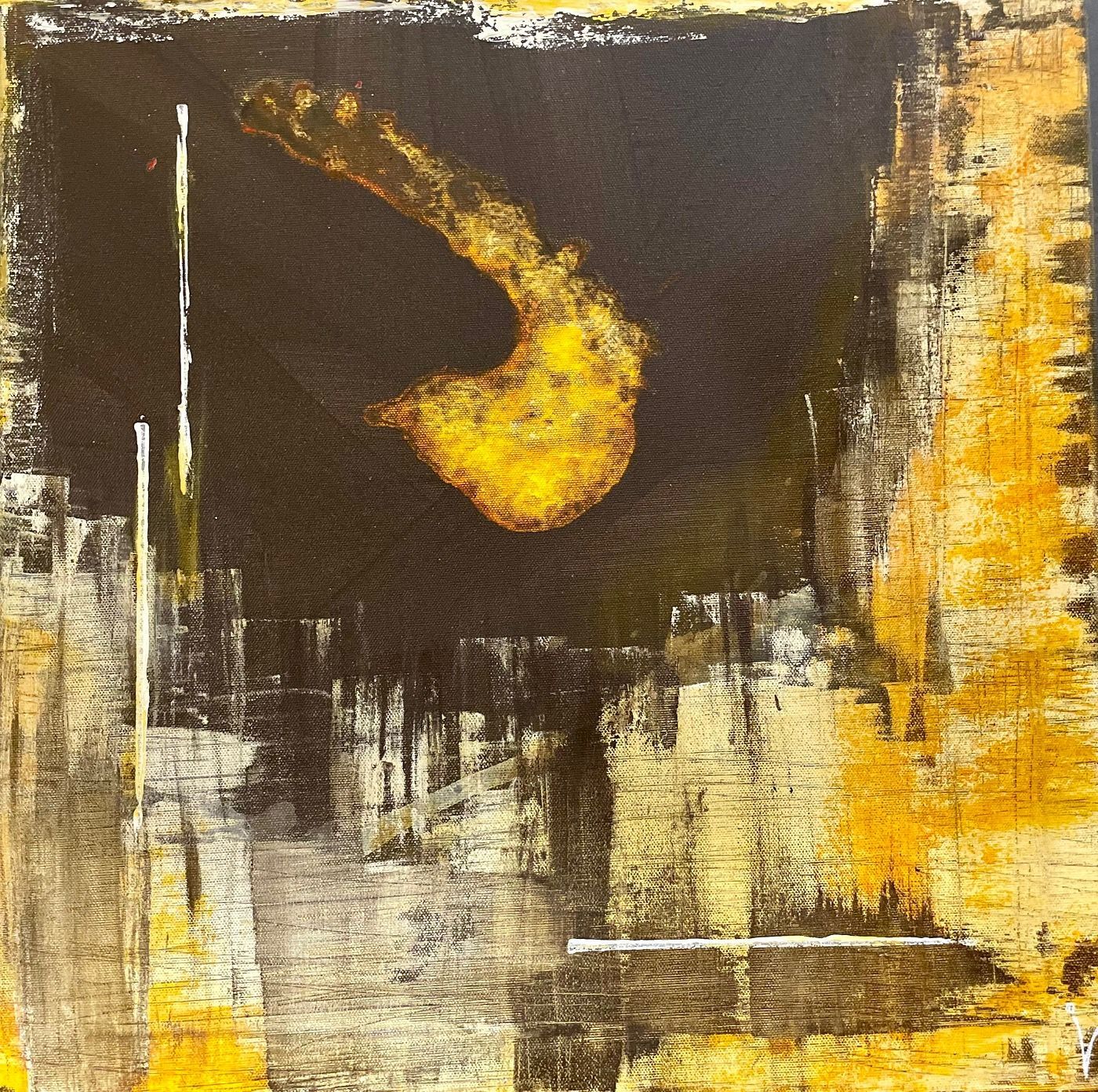 Abstraktes Gemälde in Gelb- und Schwarztönen mit einer zentralen gelben Form auf dunklem Hintergrund.