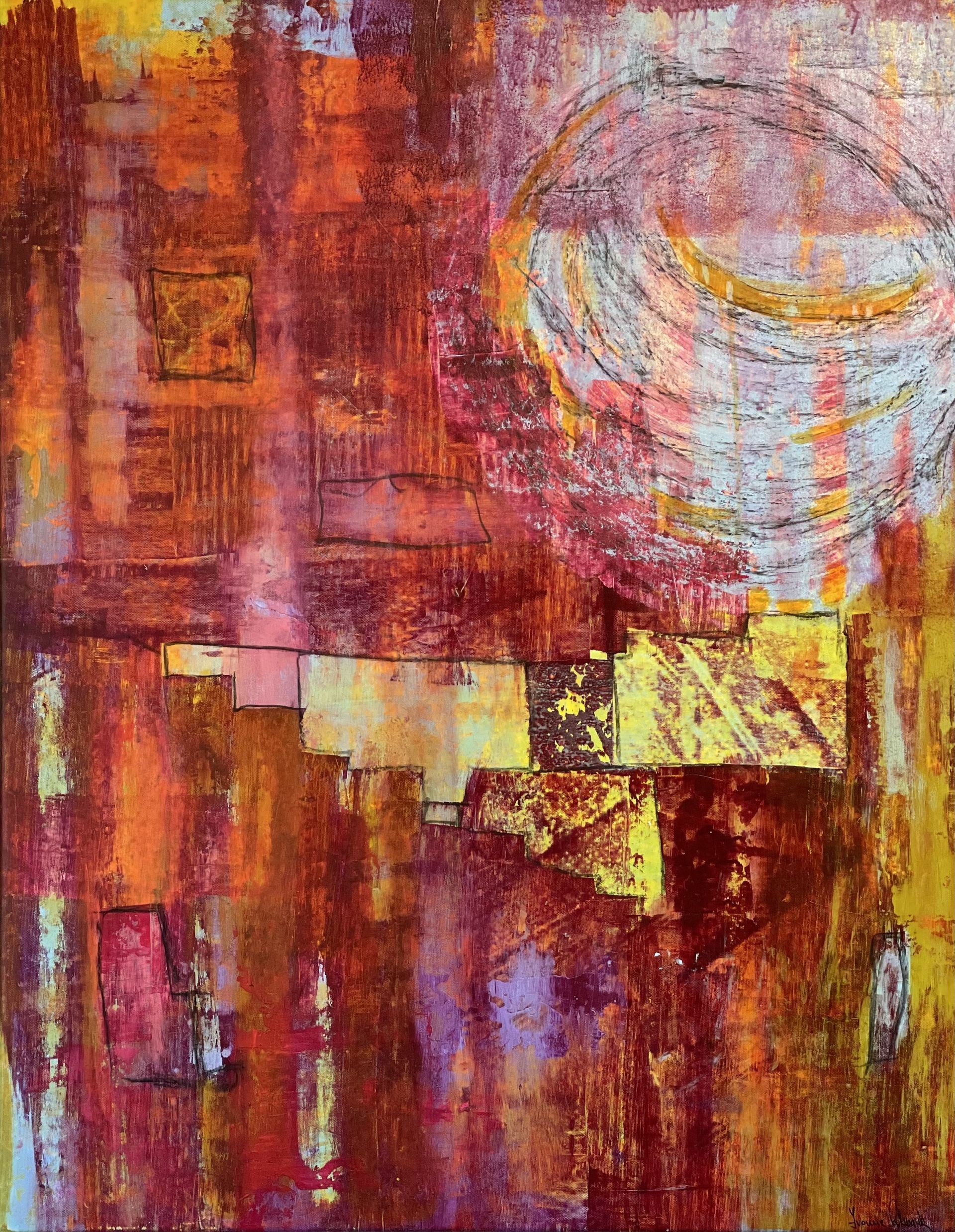 Abstraktes Gemälde mit strukturierter, geschichteter Optik in warmen Rot-, Orange- und Gelbtönen.
