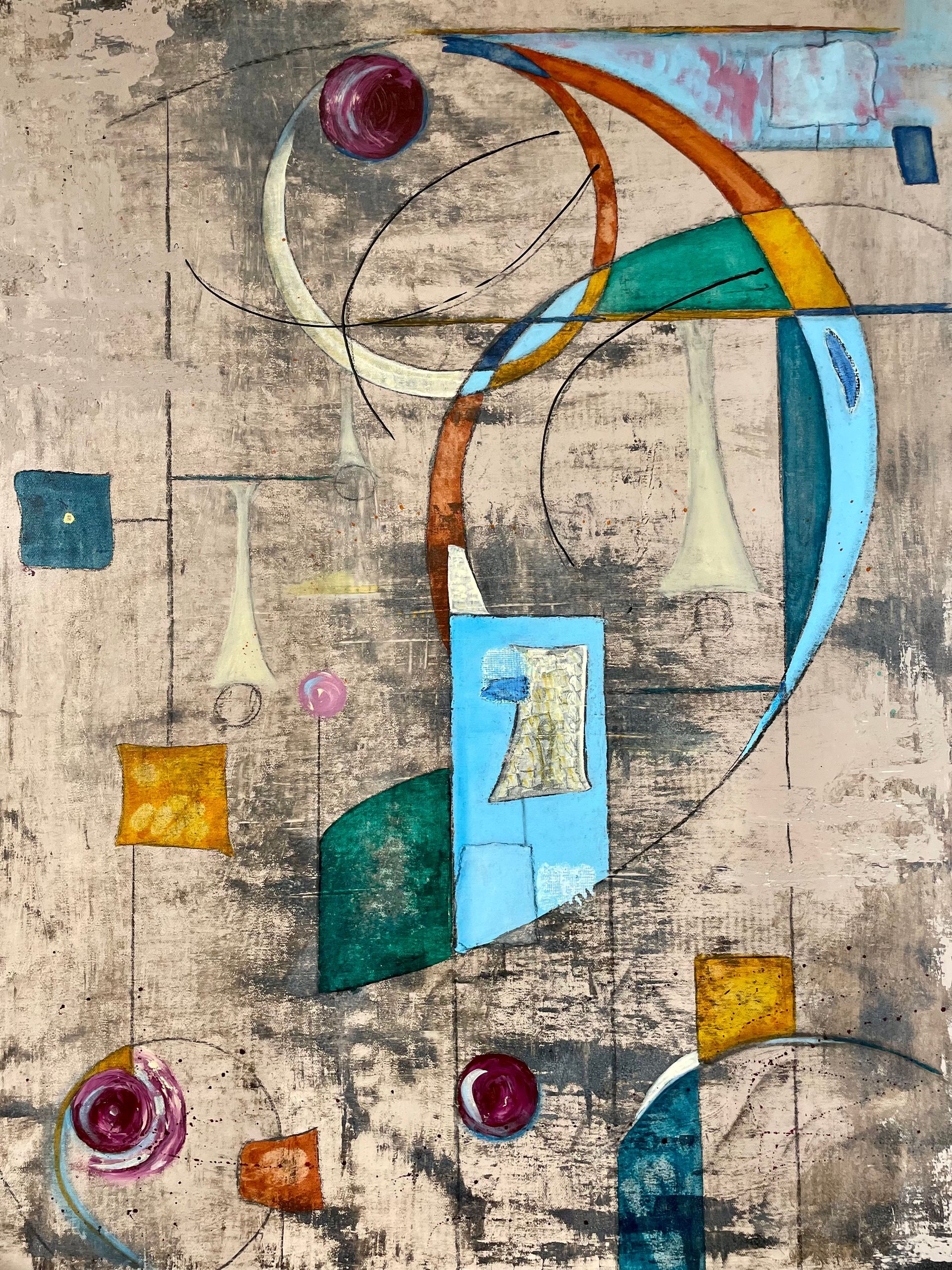 Abstrakte Kunst mit farbenfrohen Formen auf einem strukturierten, neutralen Hintergrund.