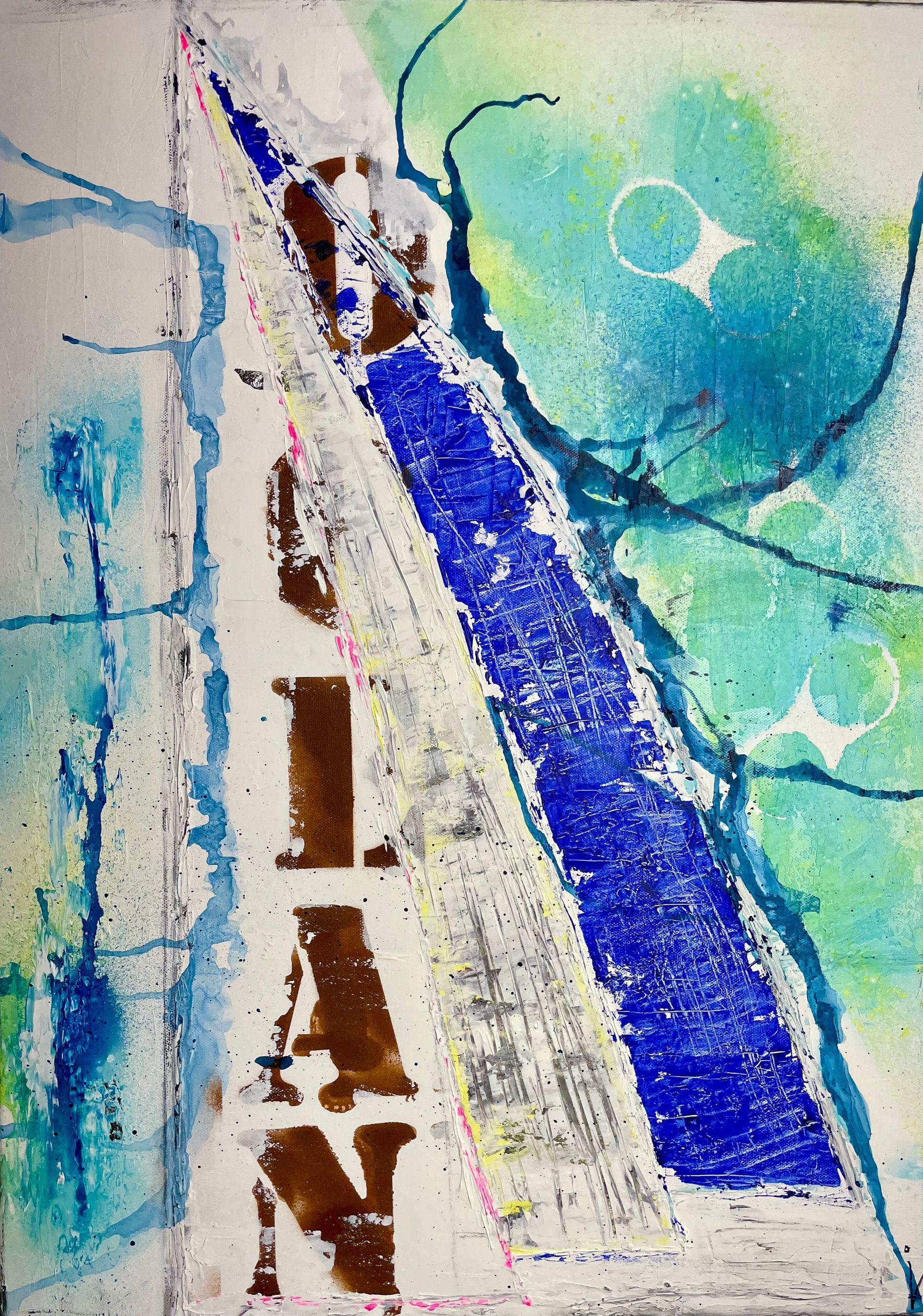 Abstrakte Kunst mit blauen, grünen und braunen Formen und dem Schriftzug „IAN“ in Braun auf weißem Hintergrund.