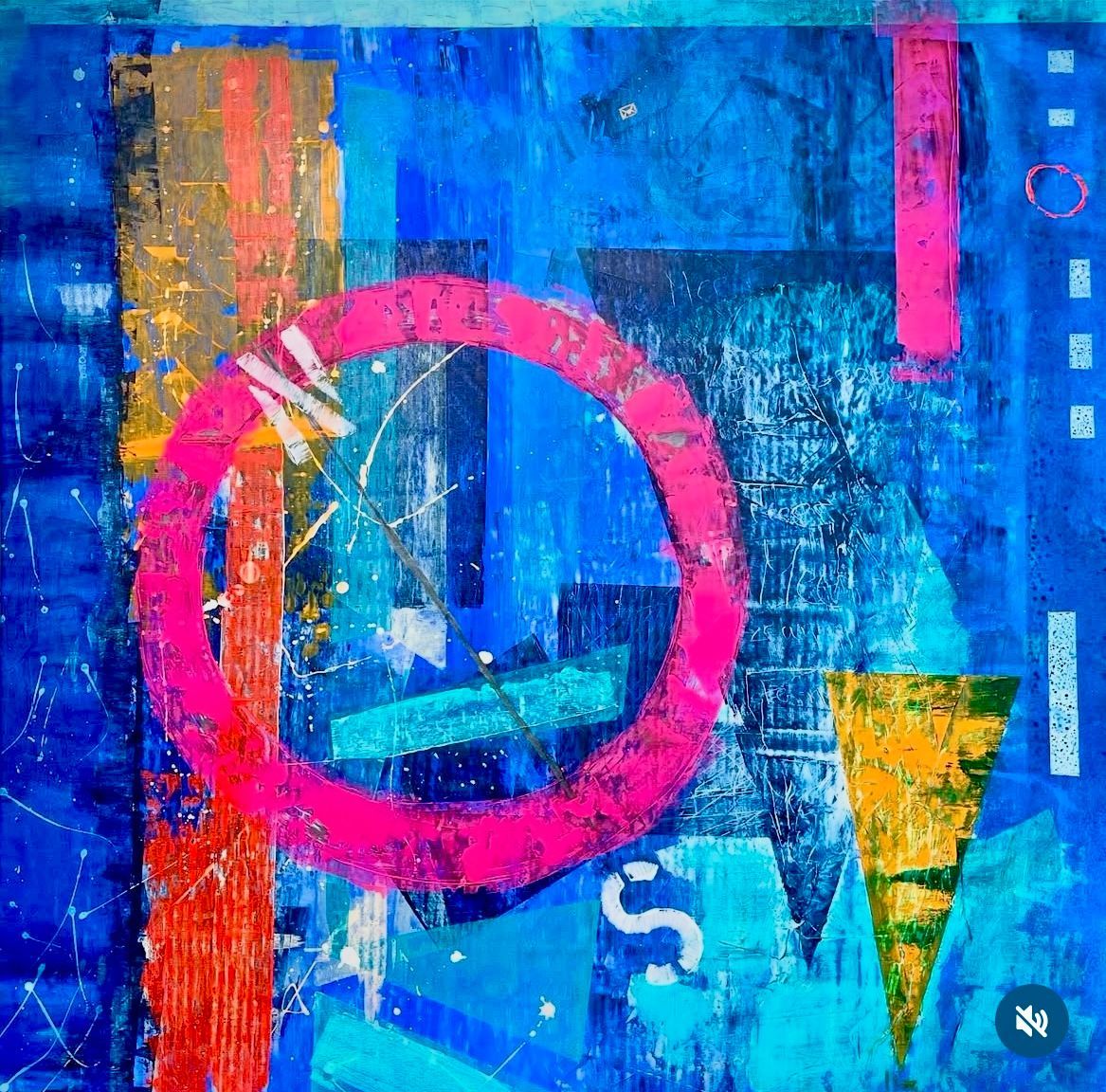 Abstraktes Kunstwerk, blauer Hintergrund mit leuchtend pinkfarbenem Kreis, orangefarbenen, goldenen und türkisfarbenen Formen.