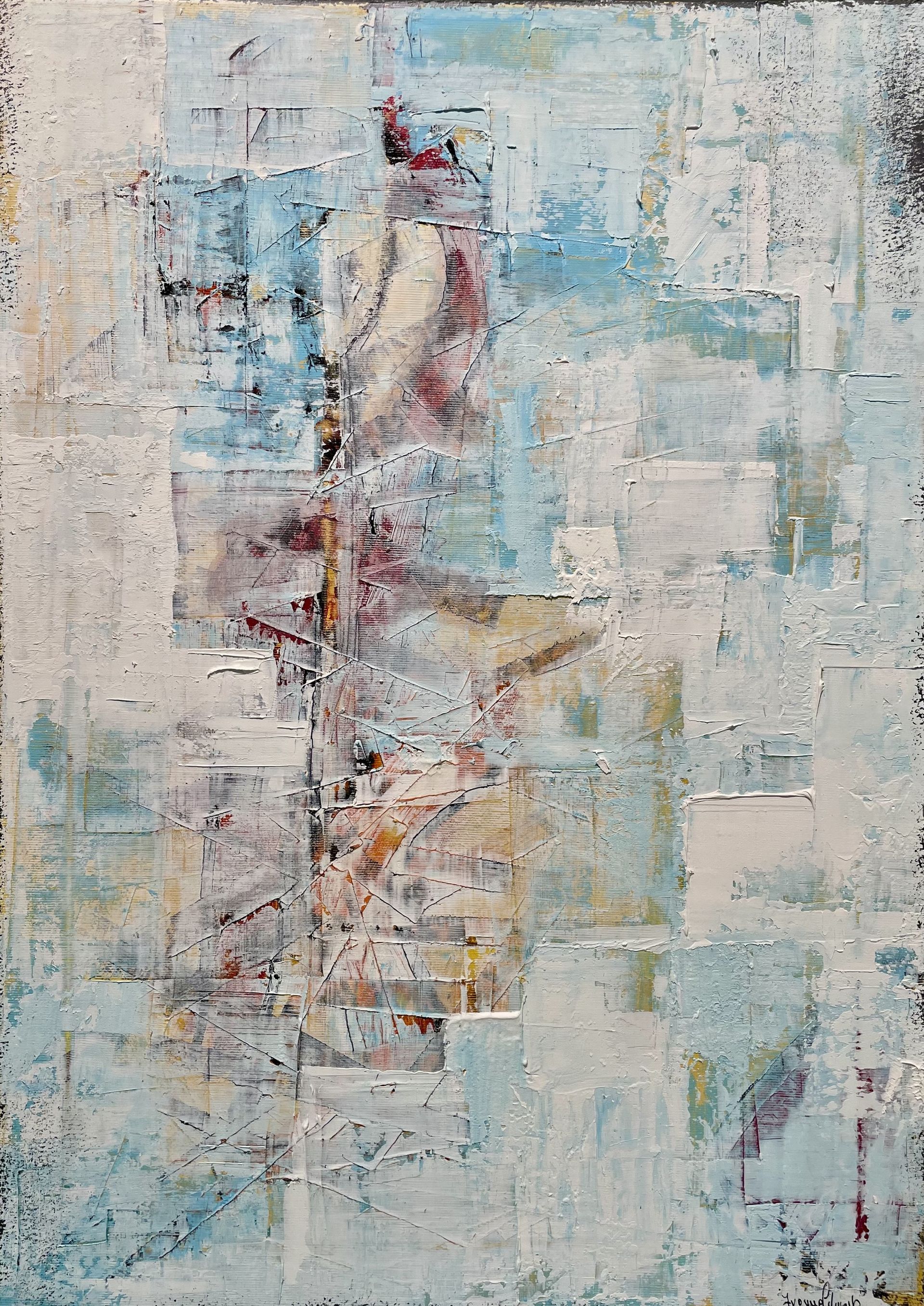 Abstrakte Kunst mit sich überlappenden weißen und blauen Flächen sowie roten und gelben Akzenten.