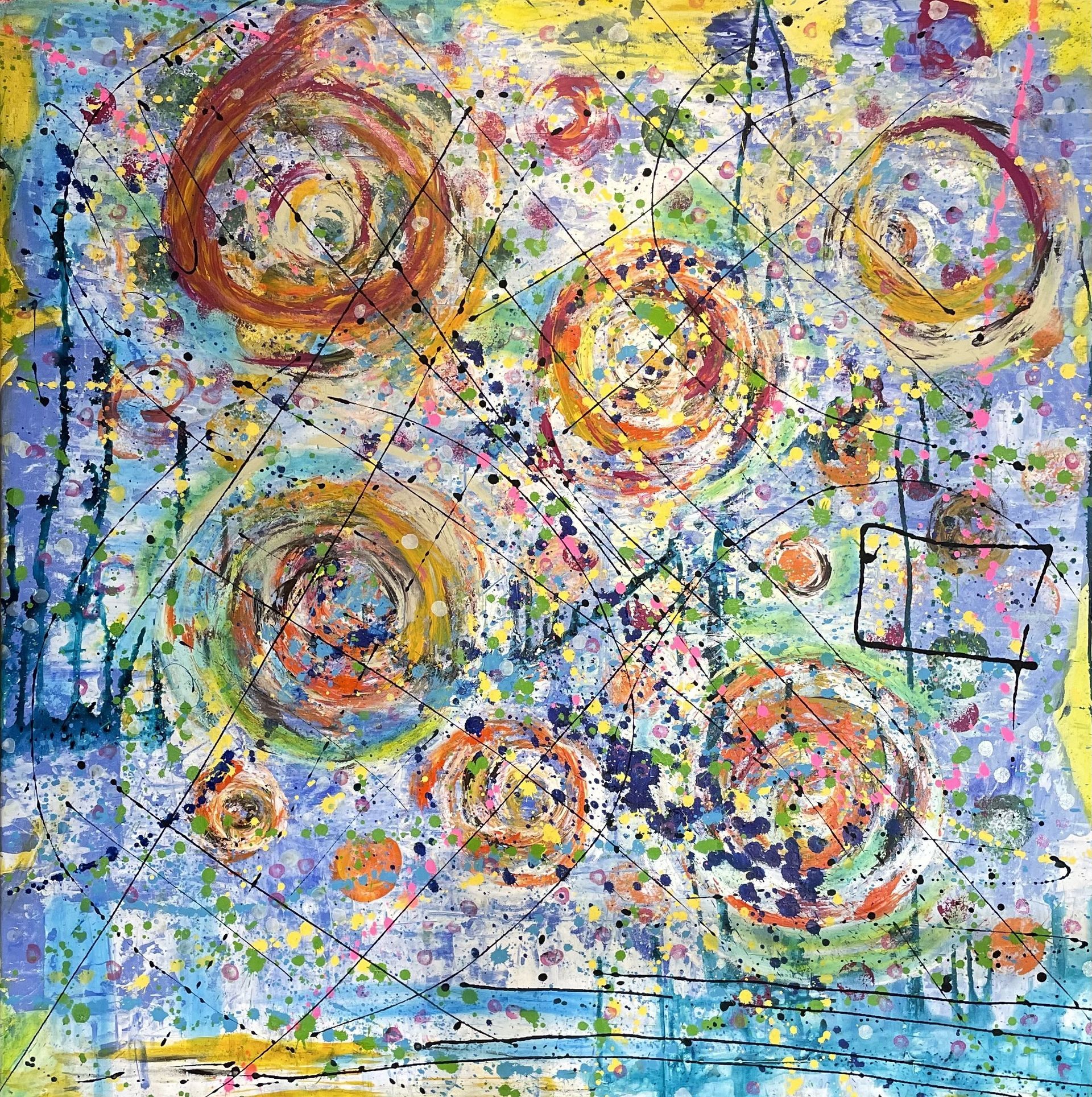 Abstraktes Gemälde mit bunten Kreisen, Spritzern und Linien auf blauem und gelbem Hintergrund.