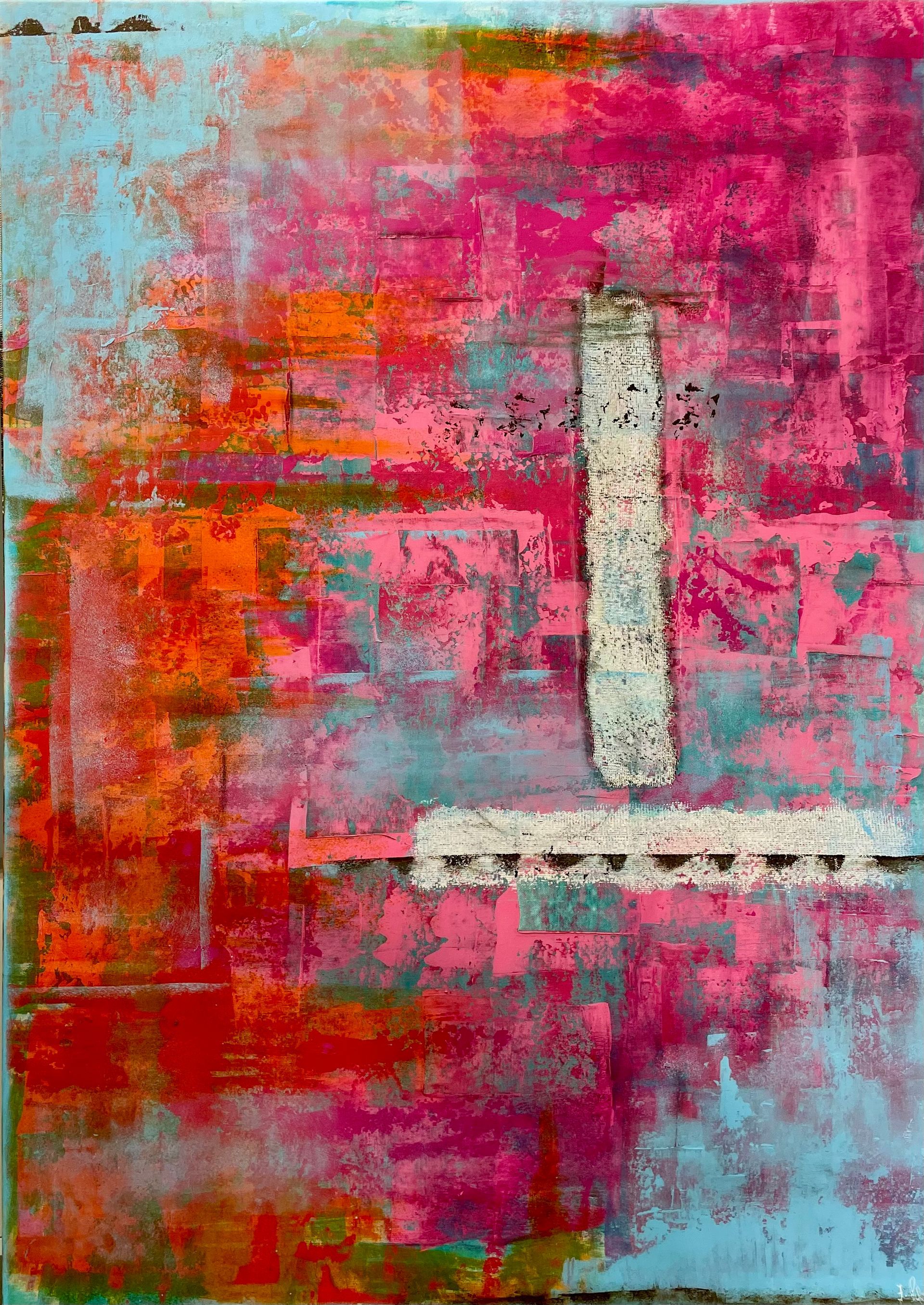 Abstrakte Kunst mit rosa, orangen und blauen Pinselstrichen sowie weißen vertikalen und horizontalen Linien.