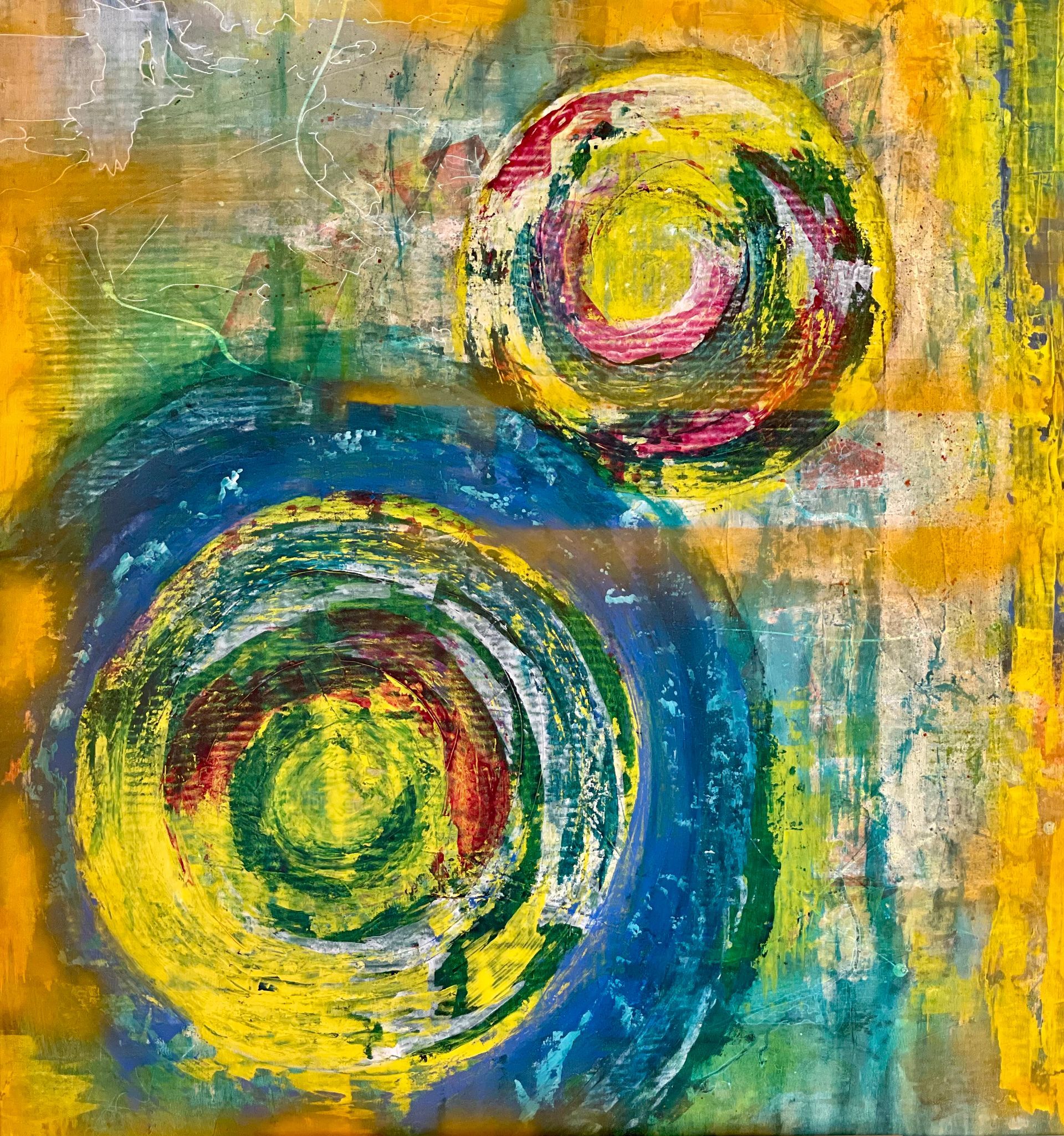 Abstraktes Gemälde mit zwei Spiralformen, einer blauen und einer gelben, auf gelbem Hintergrund mit strukturierten Pinselstrichen.