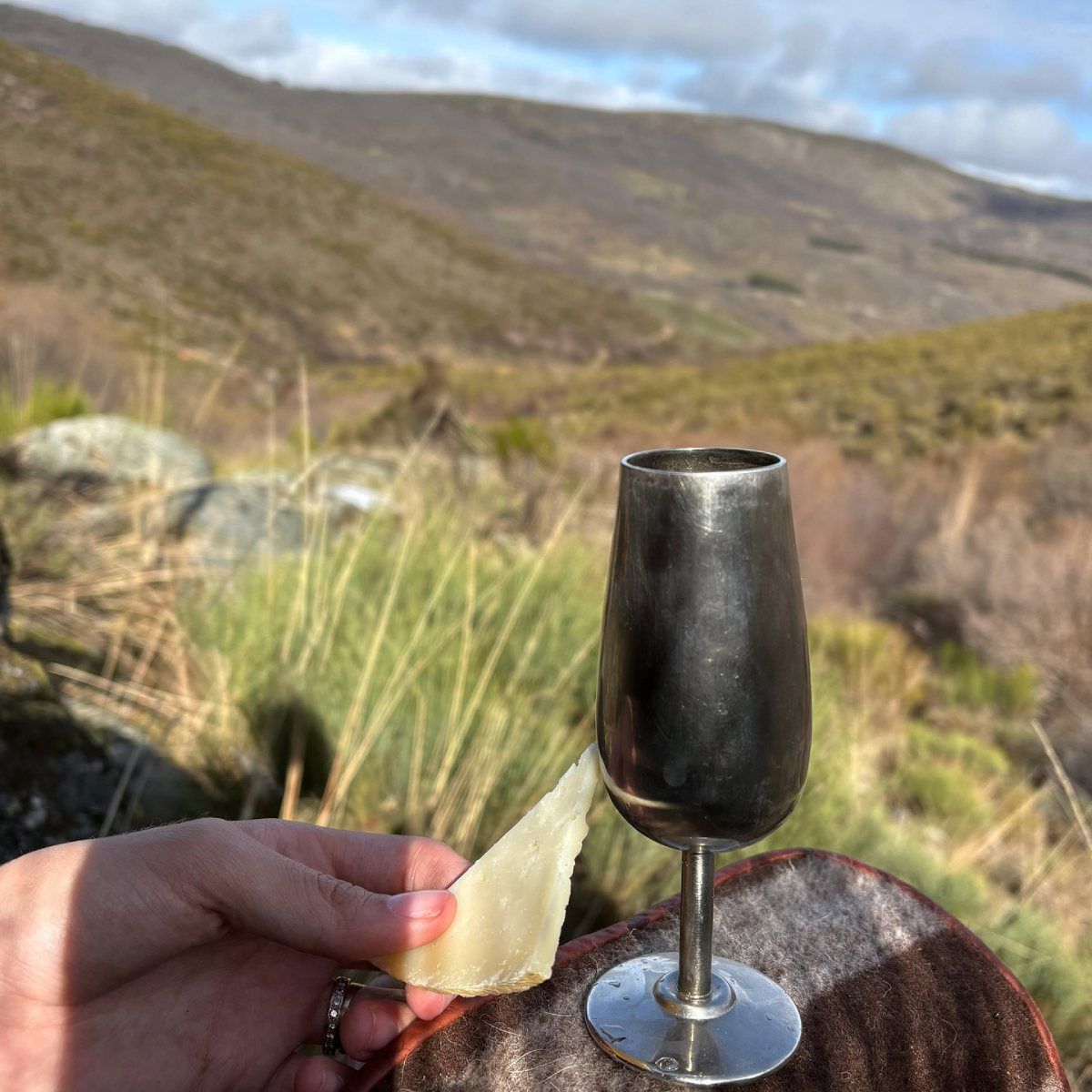 Mano sosteniendo queso junto a una copa de vino de metal, con un fondo de montañas.