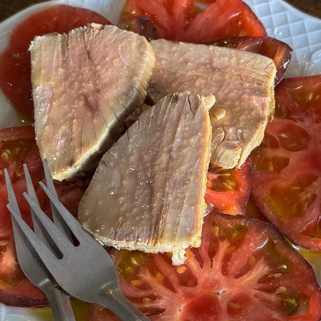 Ensalada de atún y tomate en un plato blanco con dos tenedores.