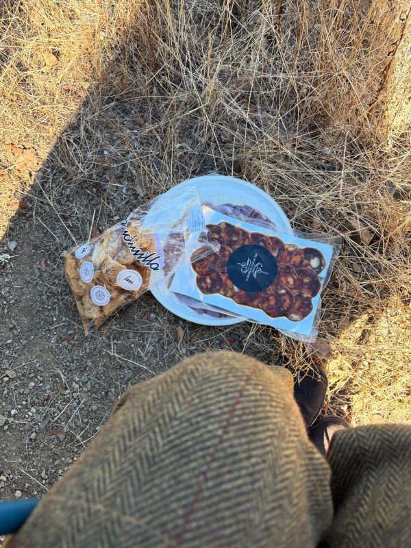 Piernas de una persona con golosinas en un plato y en bolsas, sobre hierba seca.
