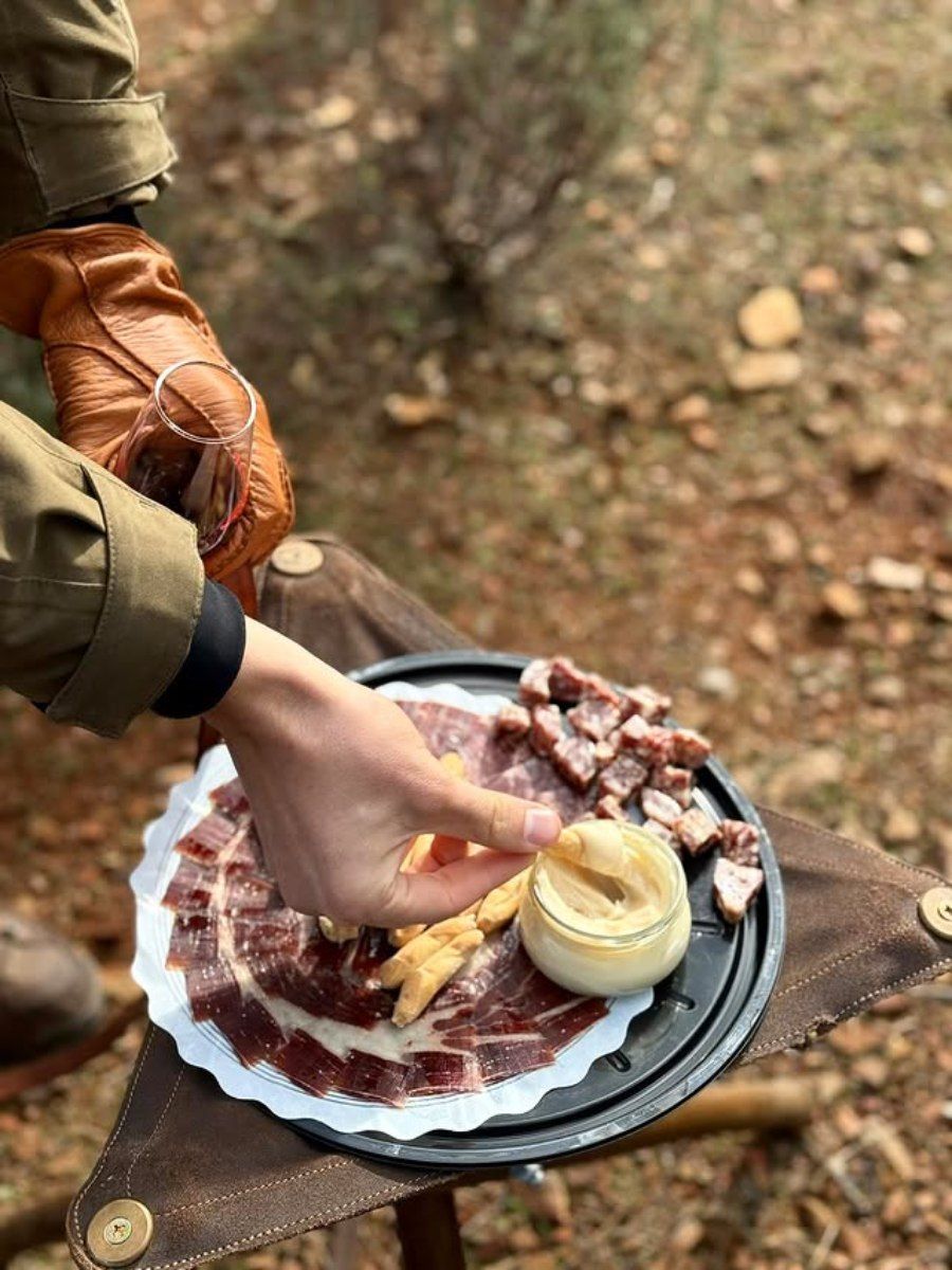 Mano de una persona que busca comida en un plato de carne cortada en rodajas y queso, al aire libre en un pequeño taburete.