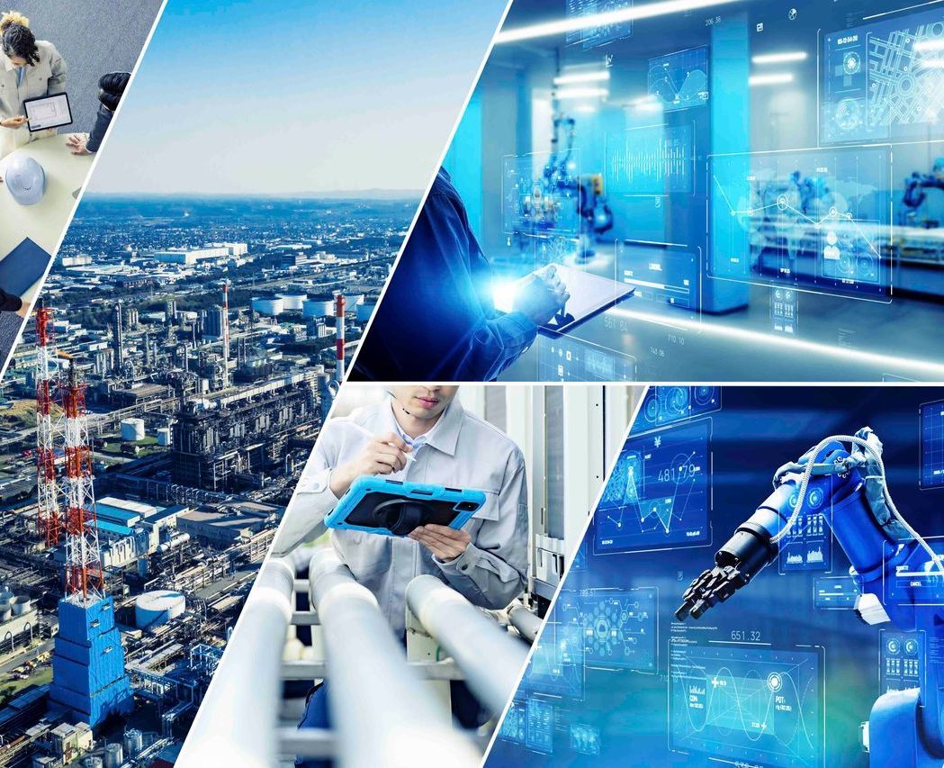 Eine Collage aus Bildern, die einen Mann zeigt, der ein Tablet und einen Roboterarm benutzt.