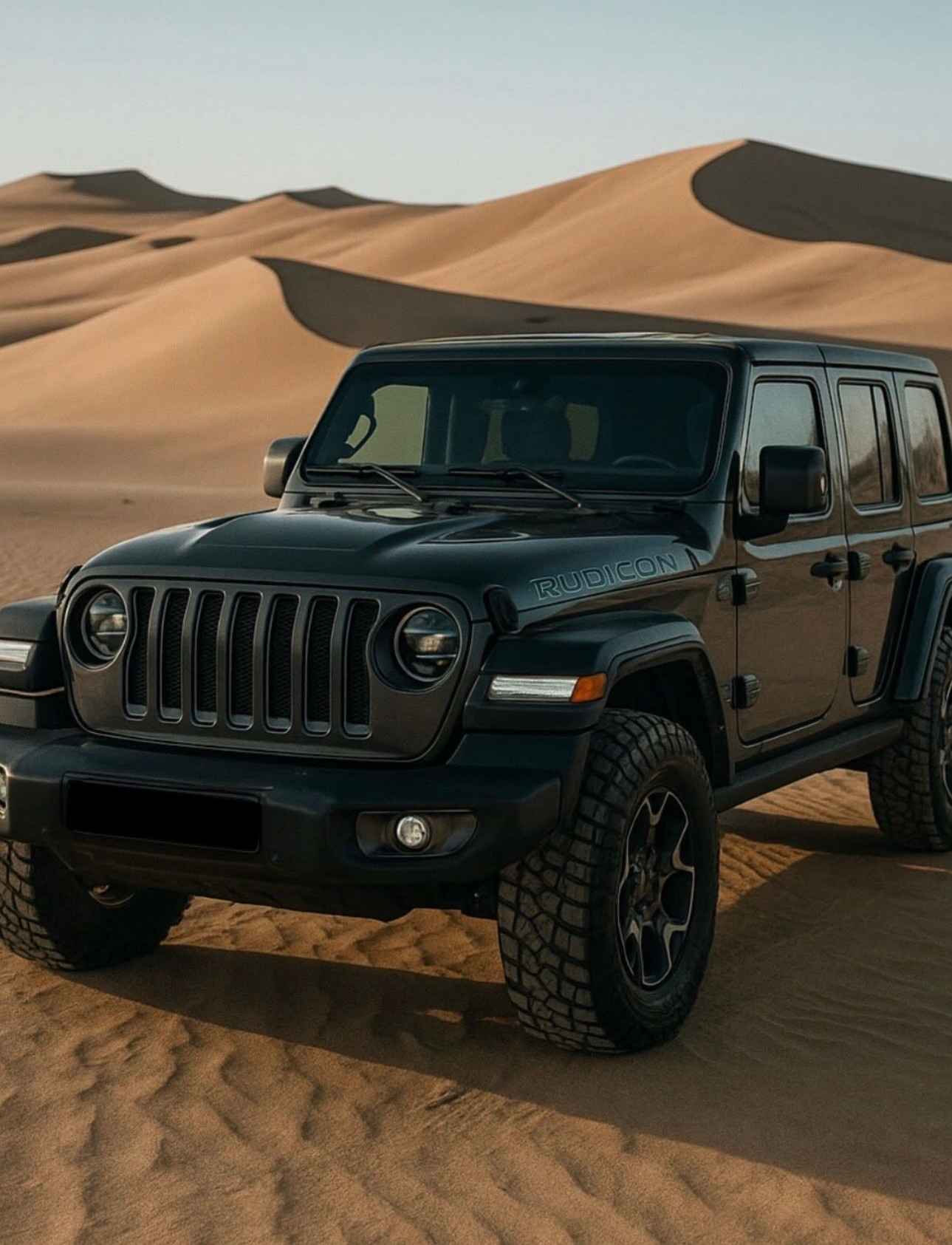 Jeep Rubicon noire garée sur l'herbe, portes ouvertes.