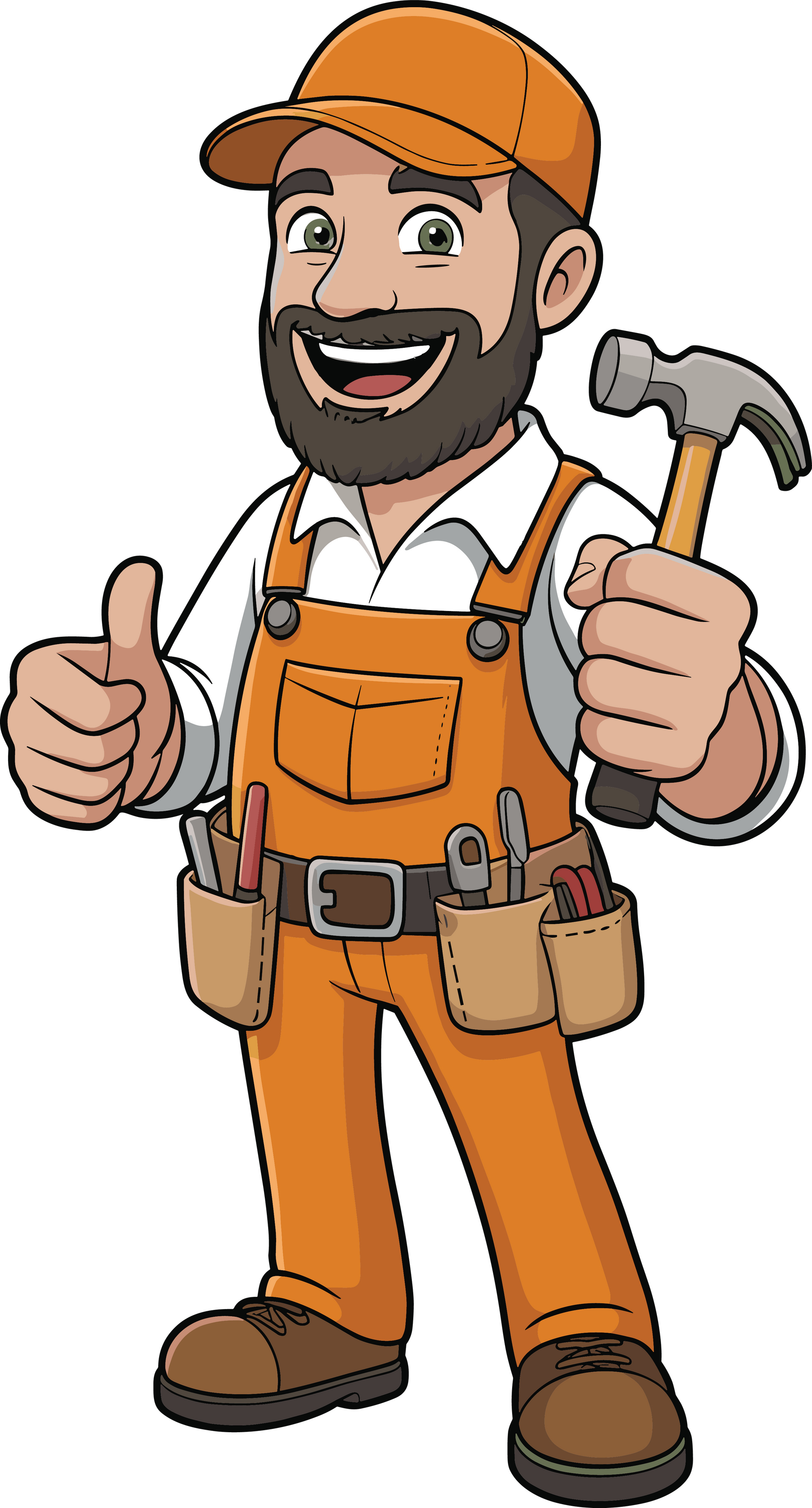 Un charpentier en salopette orange, tenant un marteau et levant le pouce
