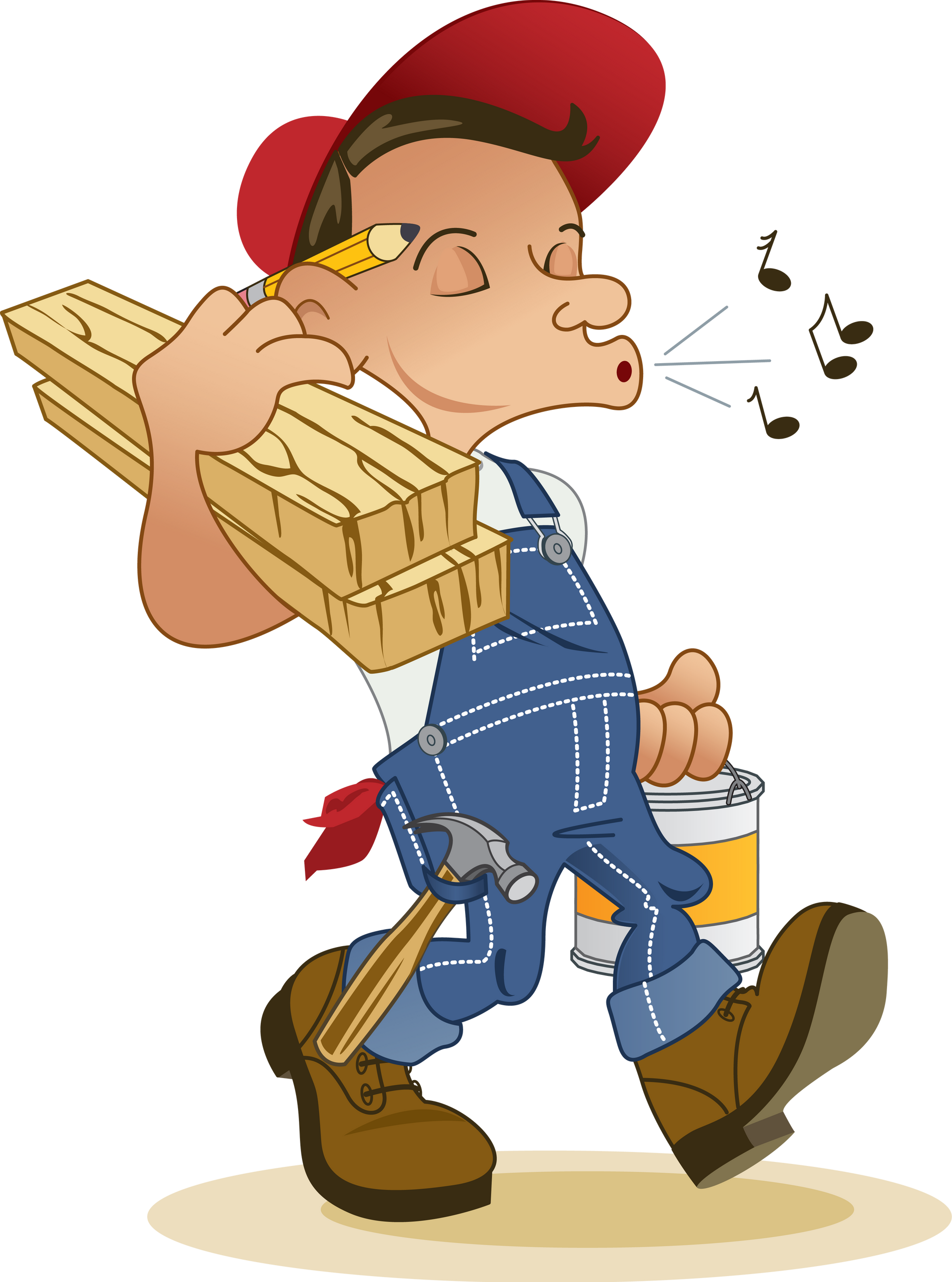 Un ouvrier du bâtiment siffle, transportant du bois, un pot de peinture et des outils