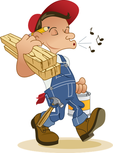 Un ouvrier du bâtiment siffle, transportant du bois, un pot de peinture et des outils