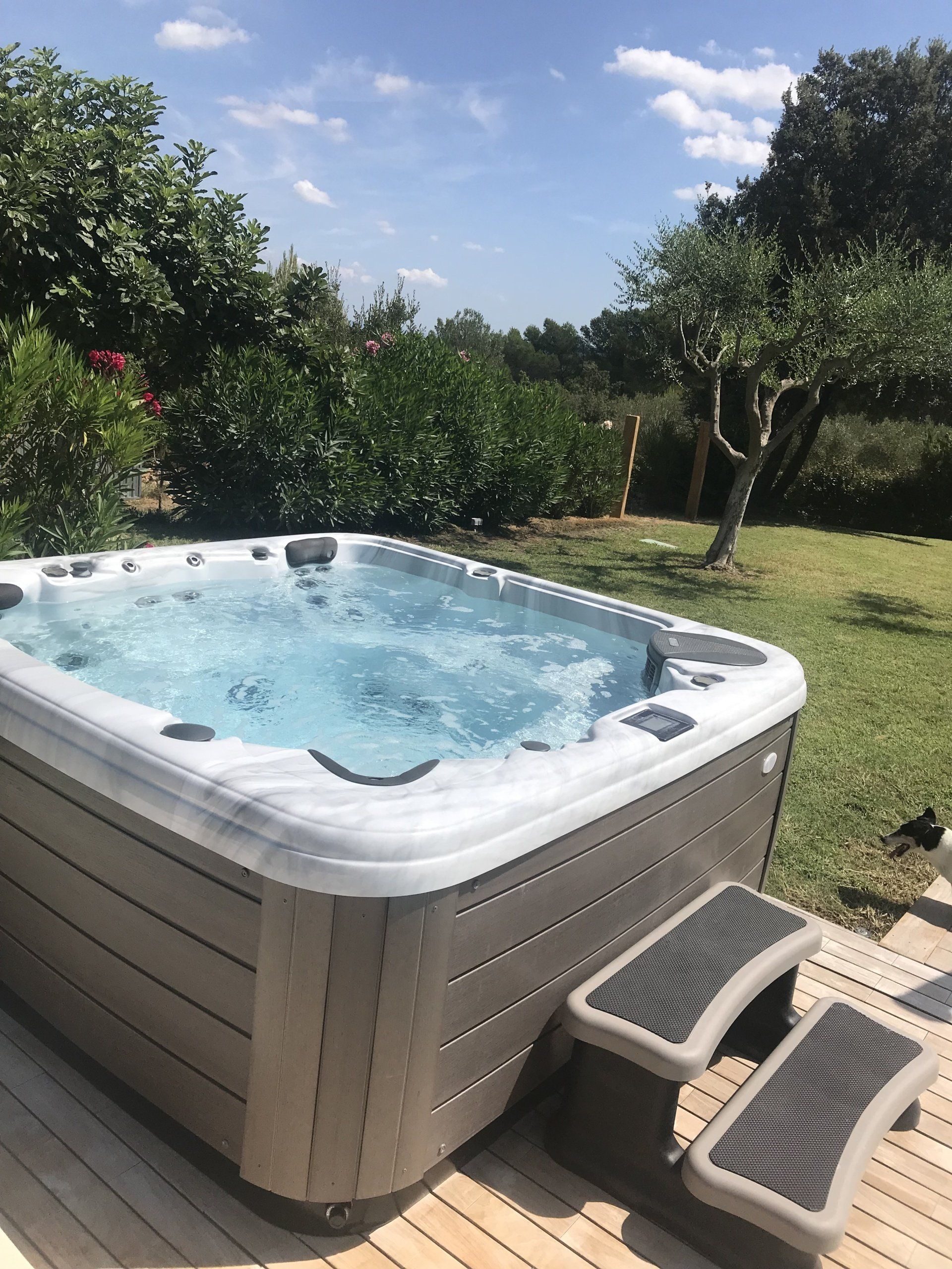 Photo d'un spa sur une terrasse en bois