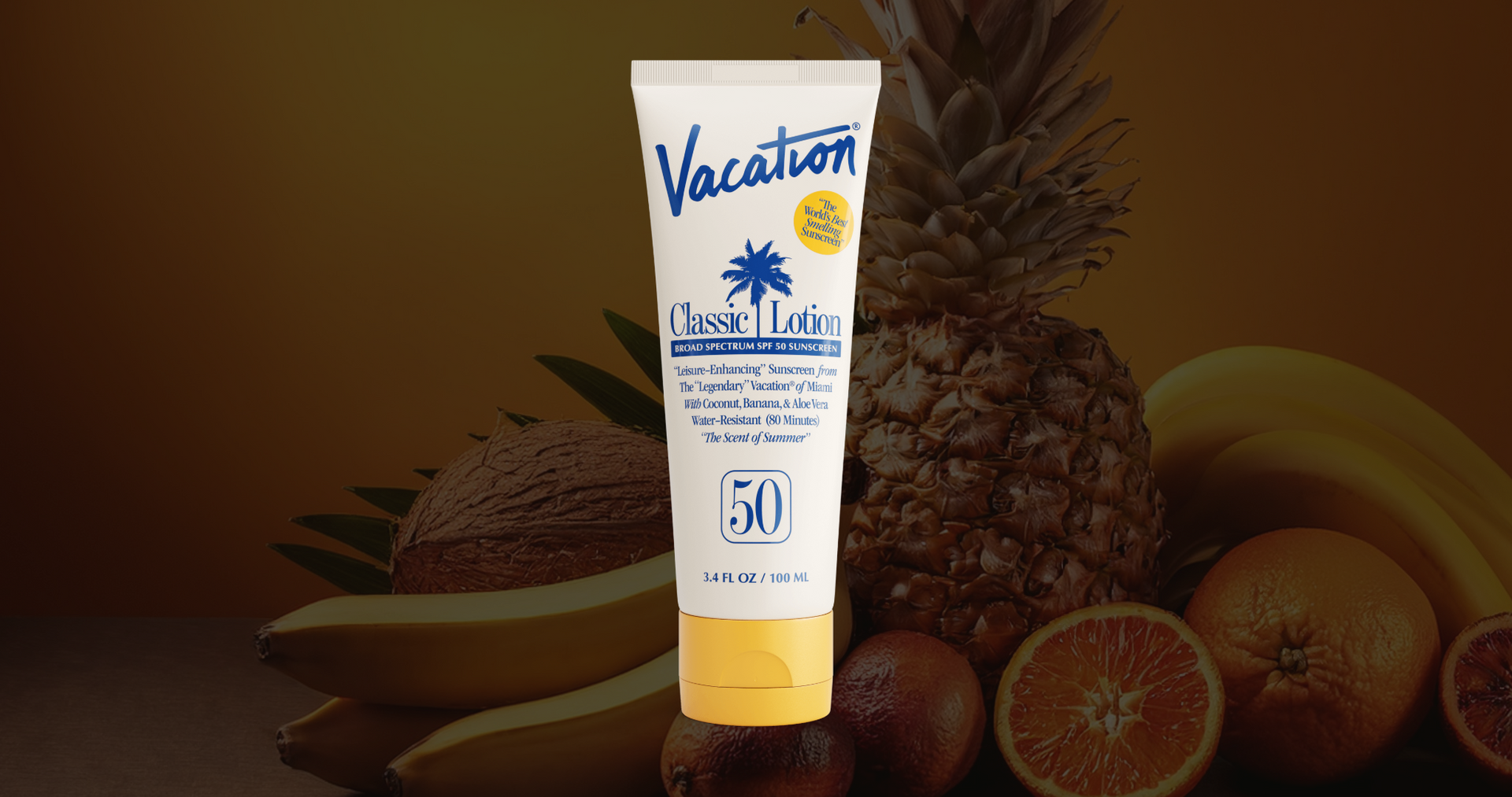 Vacation Inc sunscreen bottle with tropical fruit background.