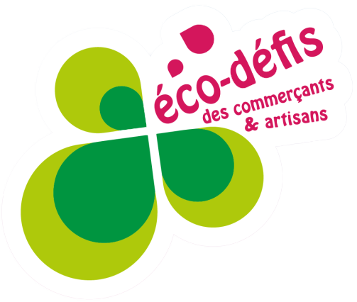 PDF du certificat de labellisation Logo éco-défis des commerçants & artisans, green clover-like shapes with pink text.