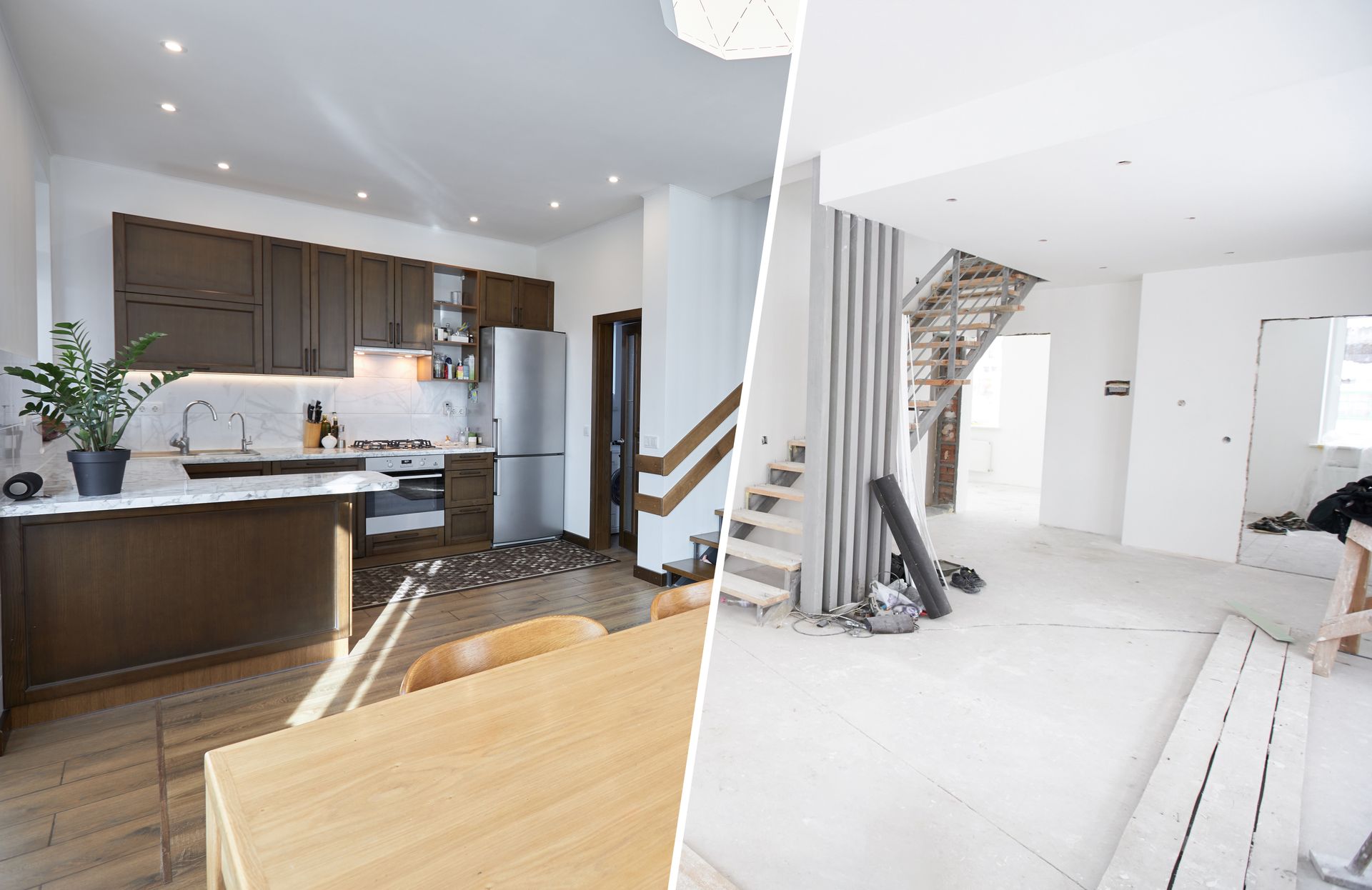 Cuisine et salon ouverts en cours de rénovation, avec des murs blancs inachevés et des matériaux apparents.