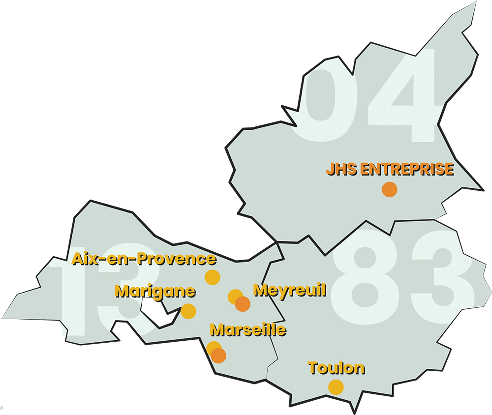 Carte du sud-est de la France avec les villes marquées en orange, dont Marseille, Toulon et Aix-en-Provence.