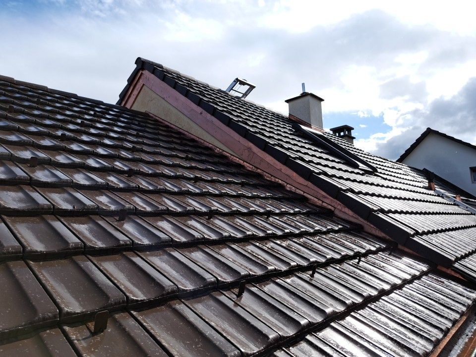 Braunes Ziegeldach mit Oberlicht, Schornstein und bewölktem Himmel im Hintergrund.