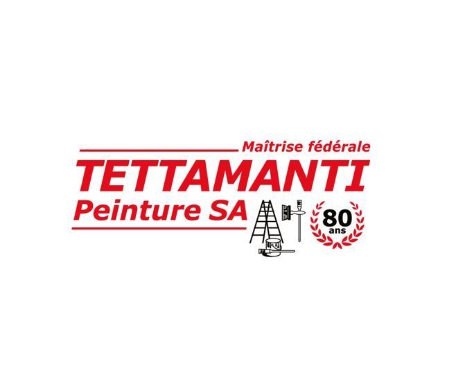Logo de Tettamanti Peinture SA : texte rouge avec des outils de peintre et un emblème du 80e anniversaire.