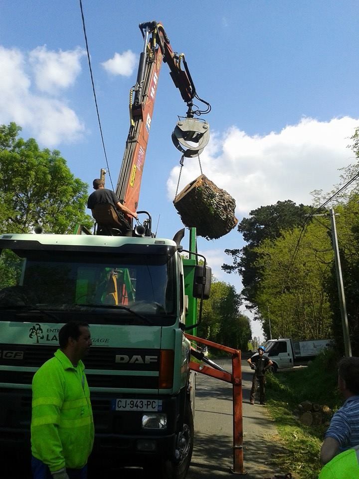 Grue d'un camion de chez Lamy en train de soulever un morceau de tronc d'arbre