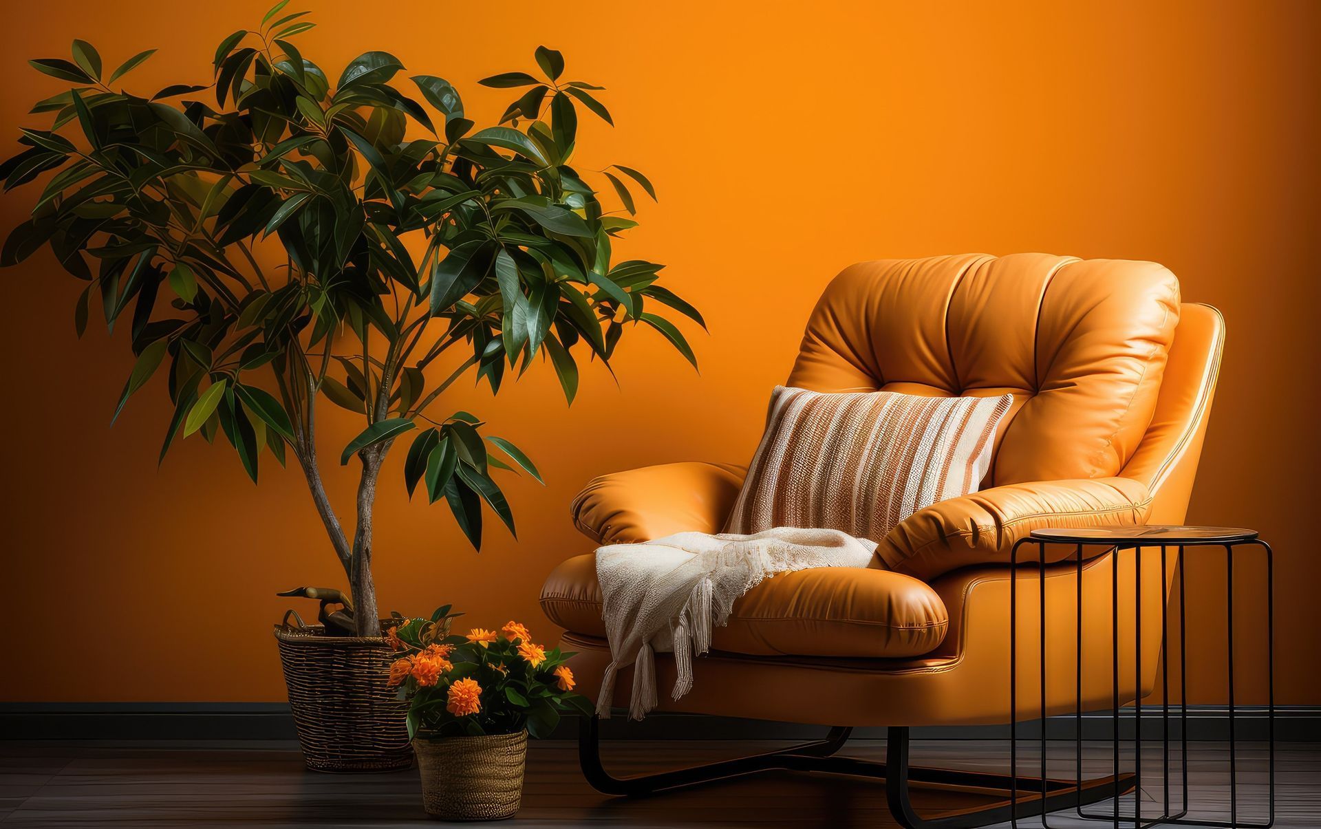 Una sala de estar con paredes naranjas, un sillón de cuero, una planta y una mesa.