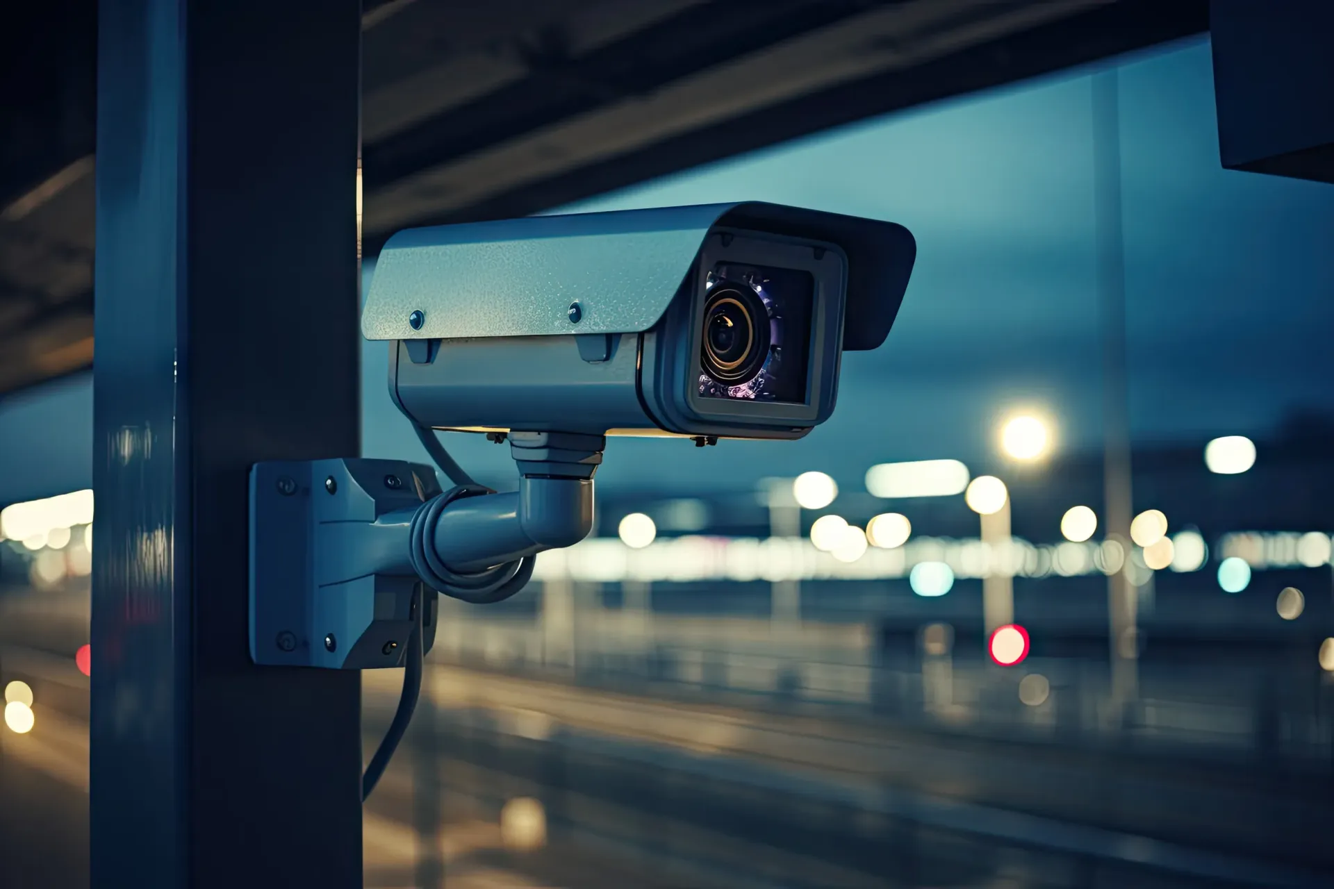 Una cámara de seguridad está colocada encima de un poste.