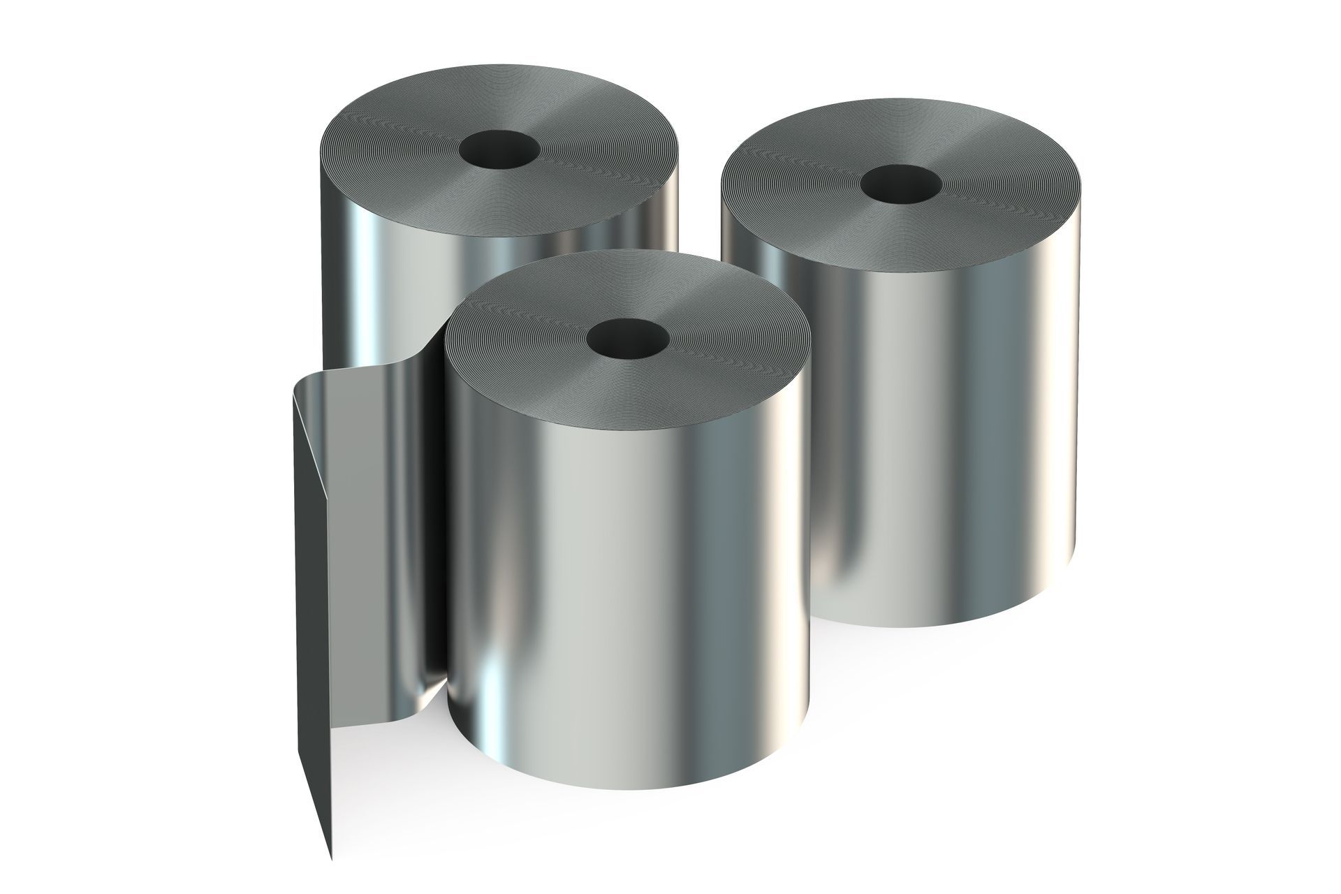 Tres rollos de papel de aluminio se apilan uno encima del otro sobre un fondo blanco.