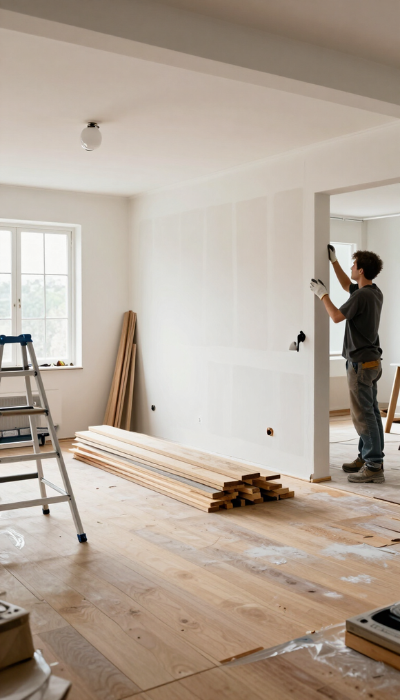 Una persona pintando una pared blanca en una habitación sin terminar, con suelo de madera y materiales de renovación esparcidos por todas partes.