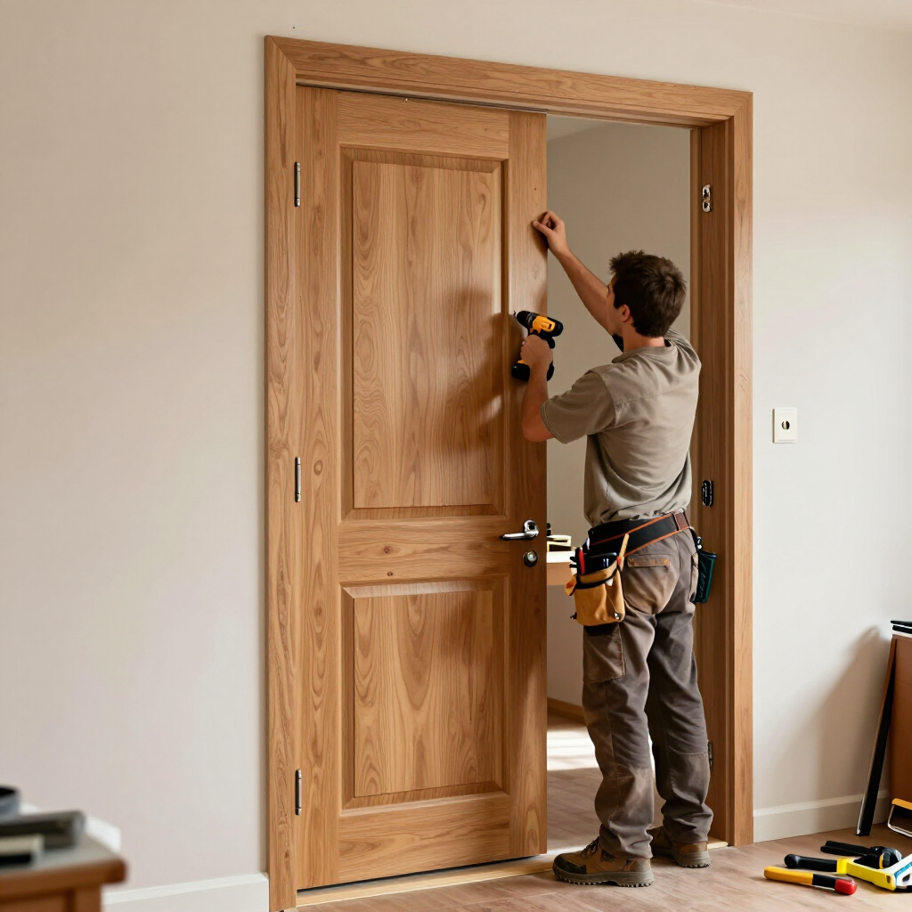Un carpintero instalando una puerta de madera en una habitación, usando un taladro y llevando un cinturón de herramientas.