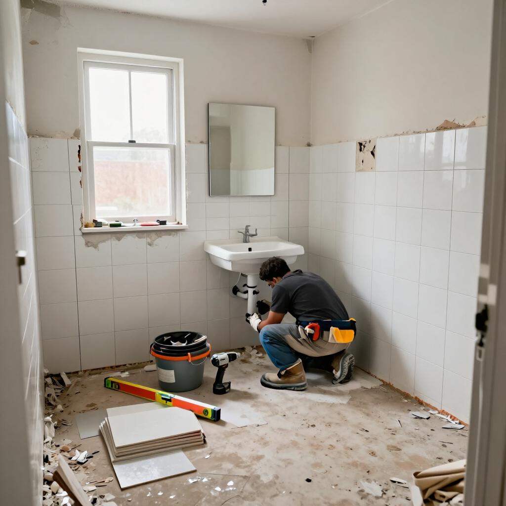 Un trabajador instala un lavabo en un baño alicatado durante una reforma