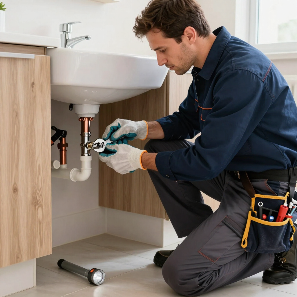 Fontanero reparando las tuberías del lavabo debajo del mueble del baño, con herramientas y guantes