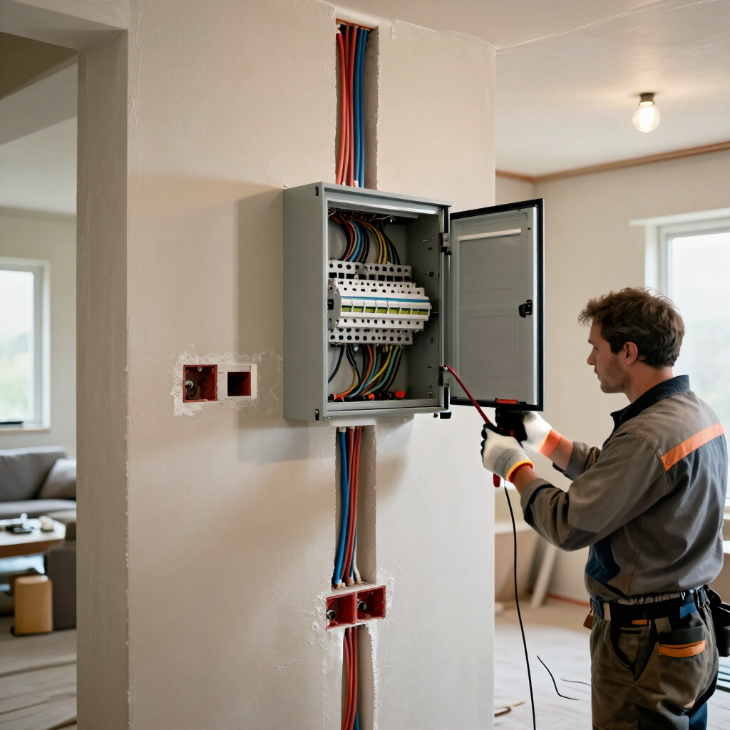 Electricista trabajando en un panel de disyuntores abierto dentro de una habitación renovada