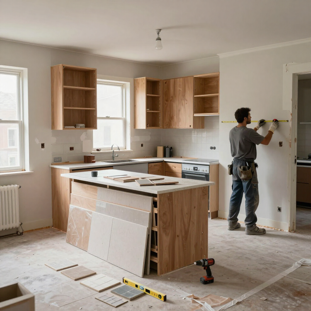 Cocina en proceso de renovación, con un trabajador instalando armarios y una isla central en una estancia luminosa.
